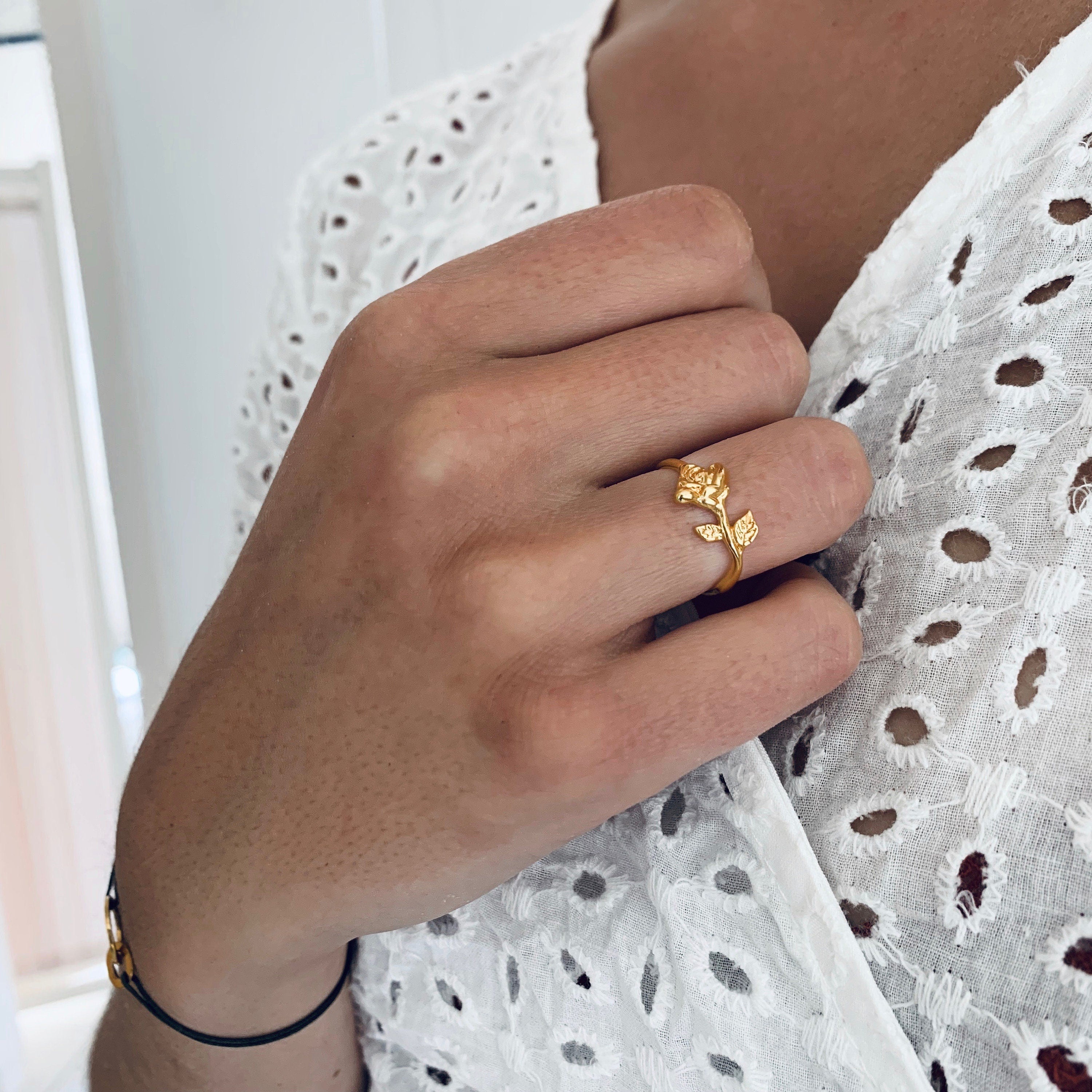 Bague femme fleur dorée à l'or fin / Bague fine réglable / Cadeau femme