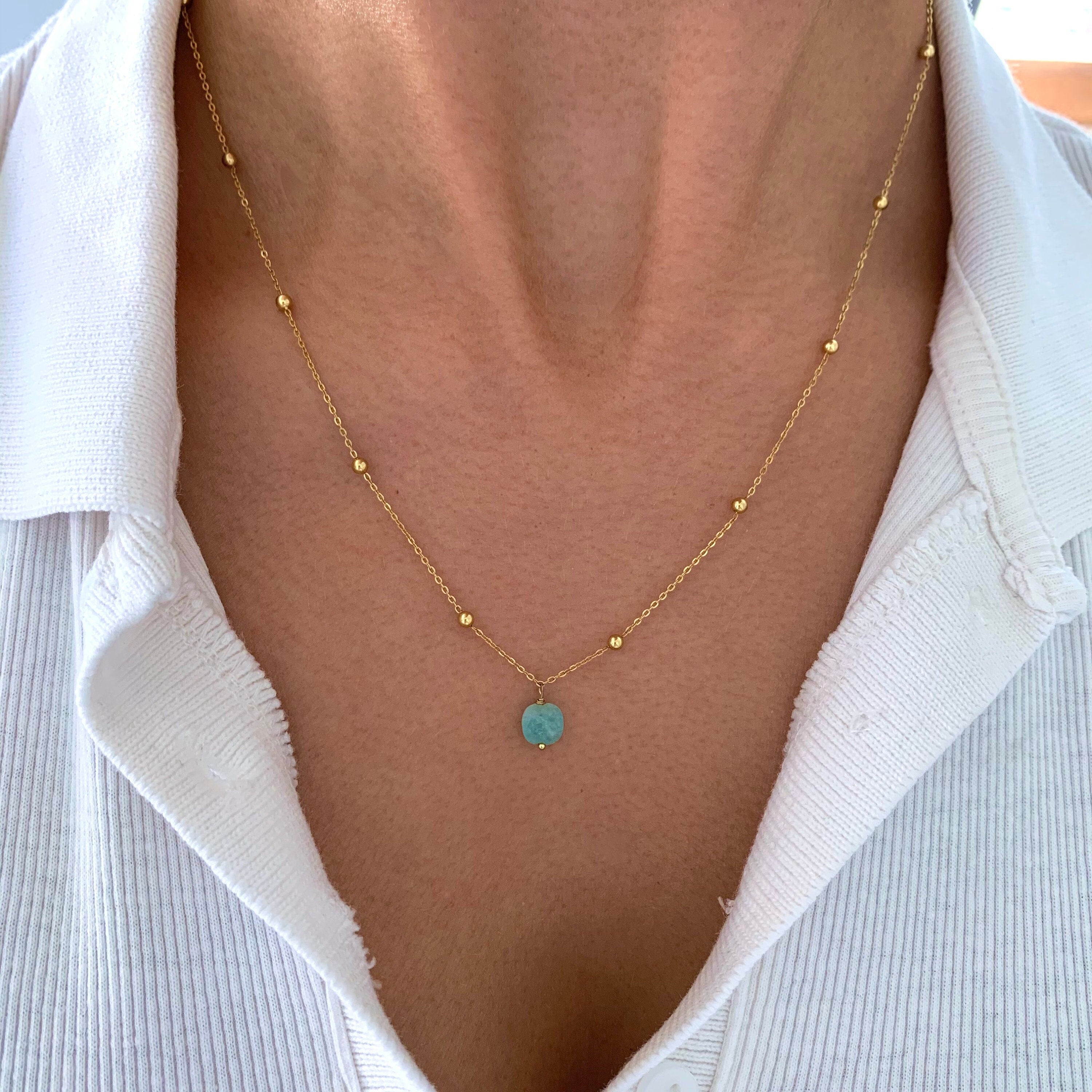 Collier acier inoxydable pendentif pierre amazonite bleu givré / Collier femme minimaliste chaine fine