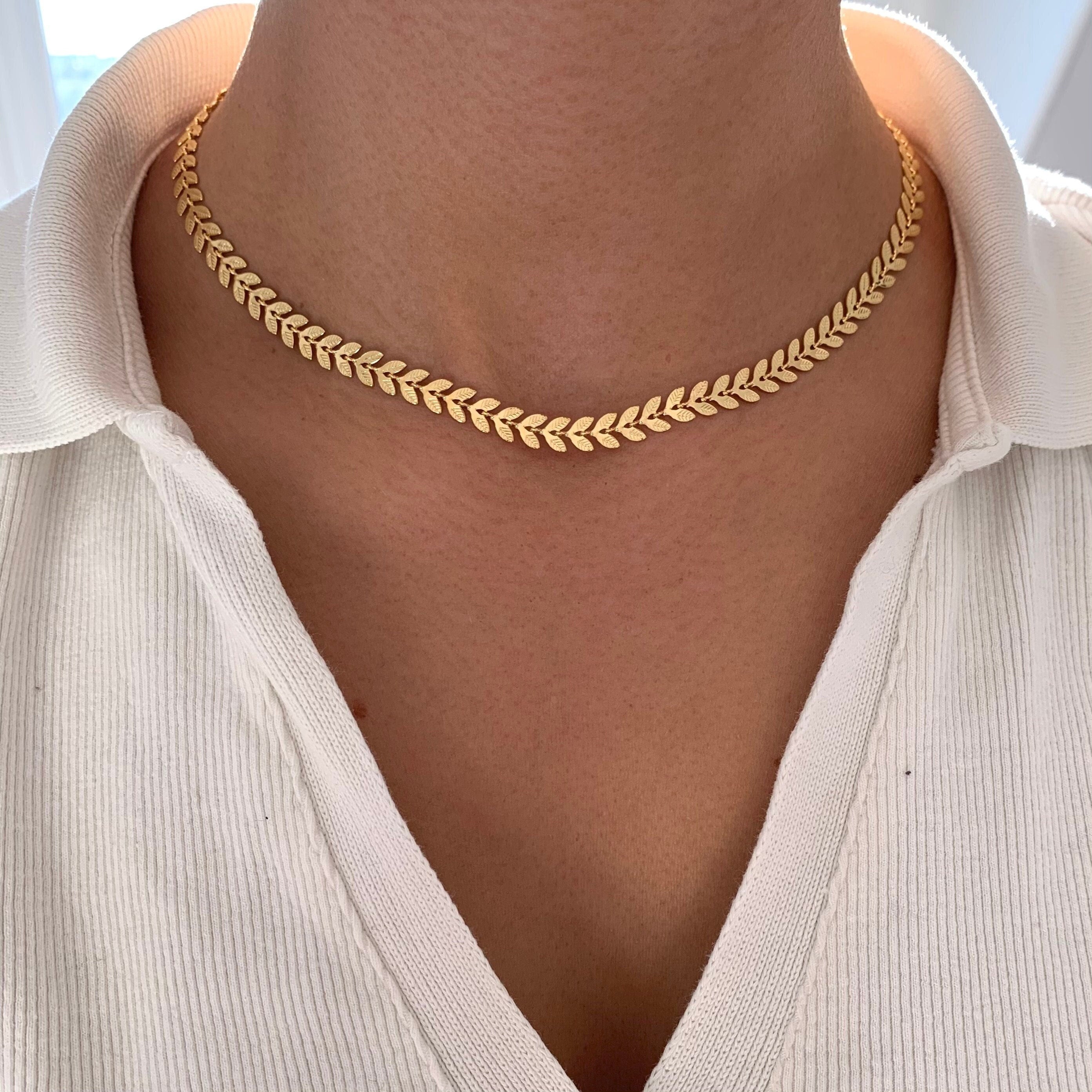 Collier chaine épis ras de cou doré / Collier femme chaine laurier / Collier femme chaine chevron