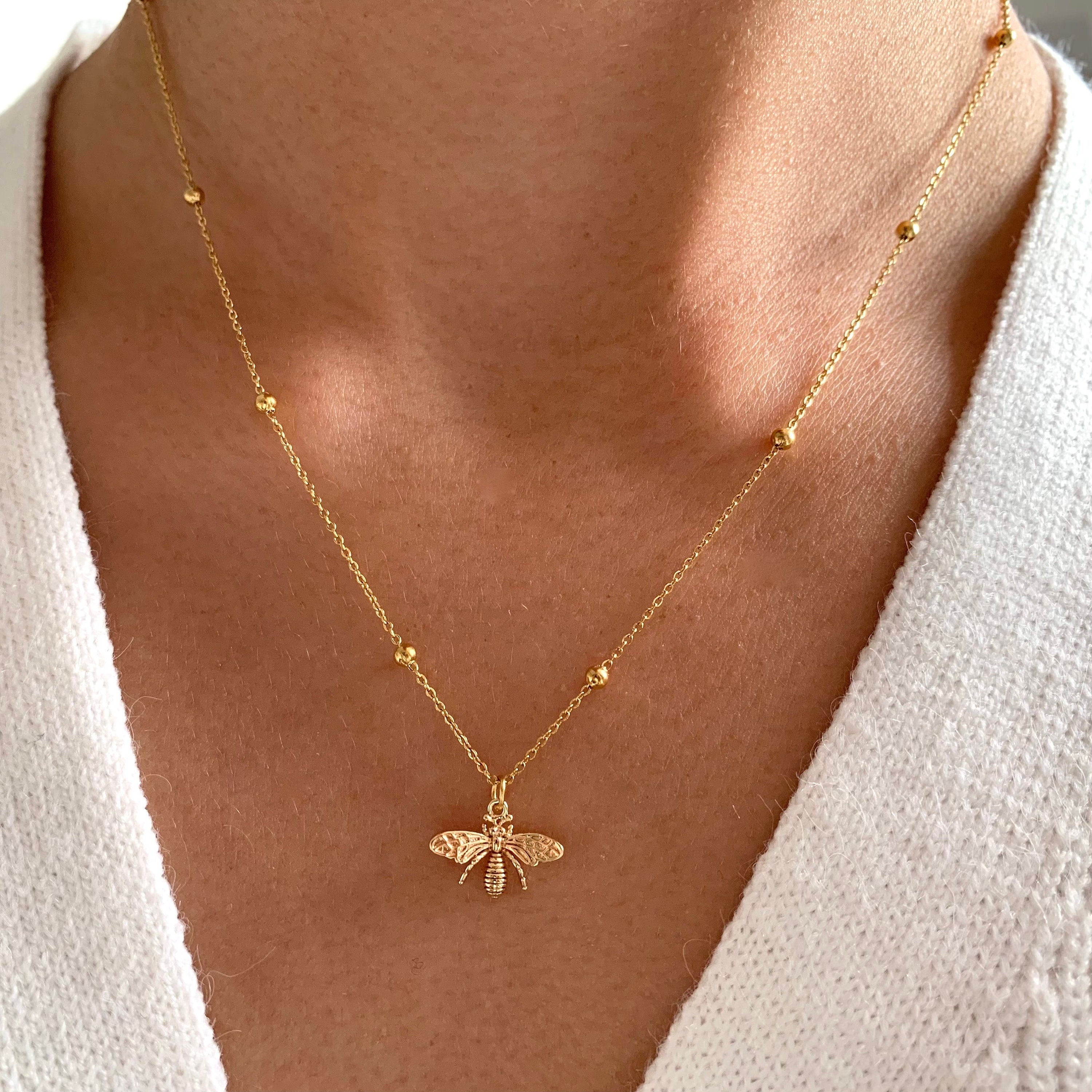 Collier pendentif abeille chaine boule / Collier acier inoxydable femme fin chaine billes