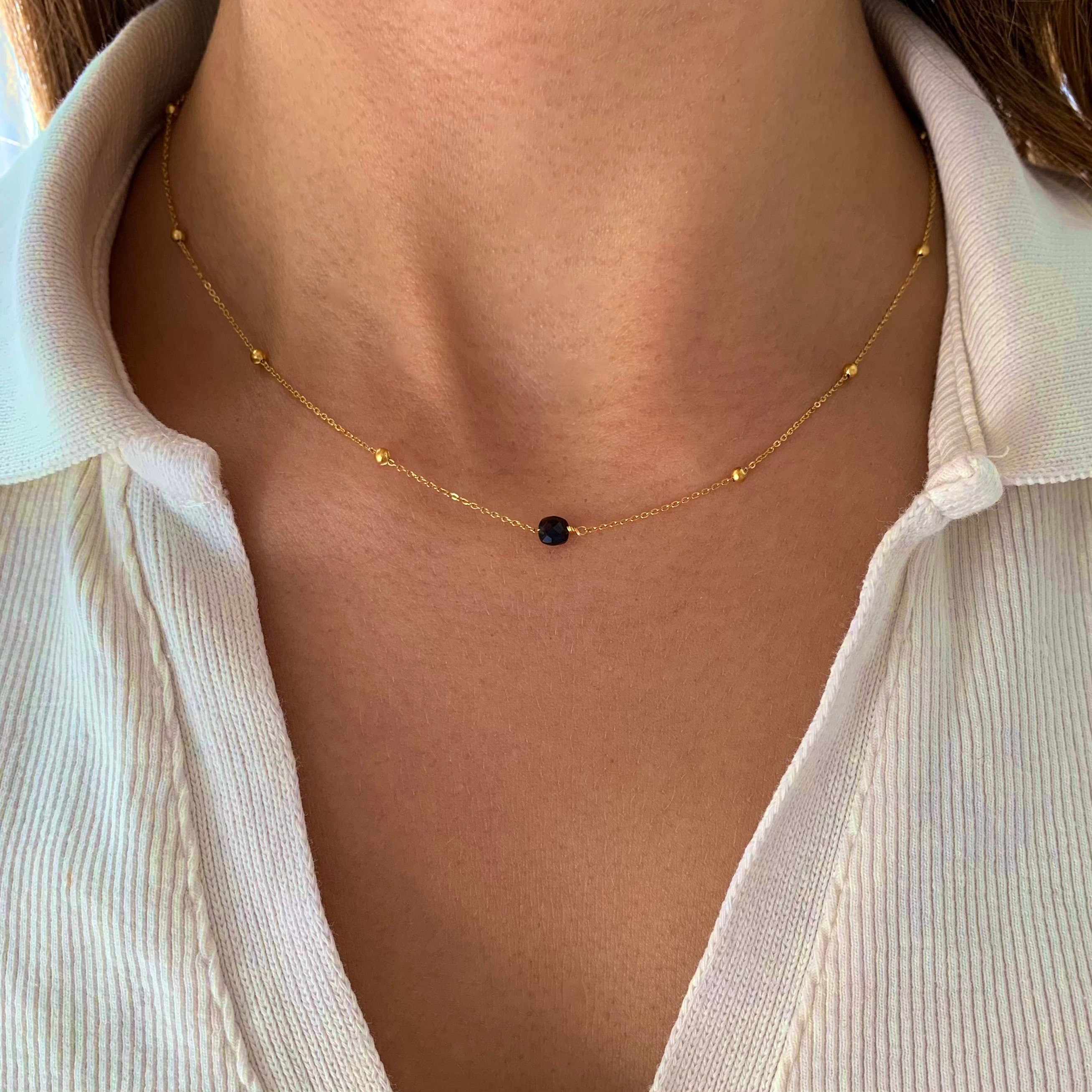 Collier fin pendentif pierre verte Agate / Collier femme minimaliste chaine fine acier inoxydable / Cadeau femme