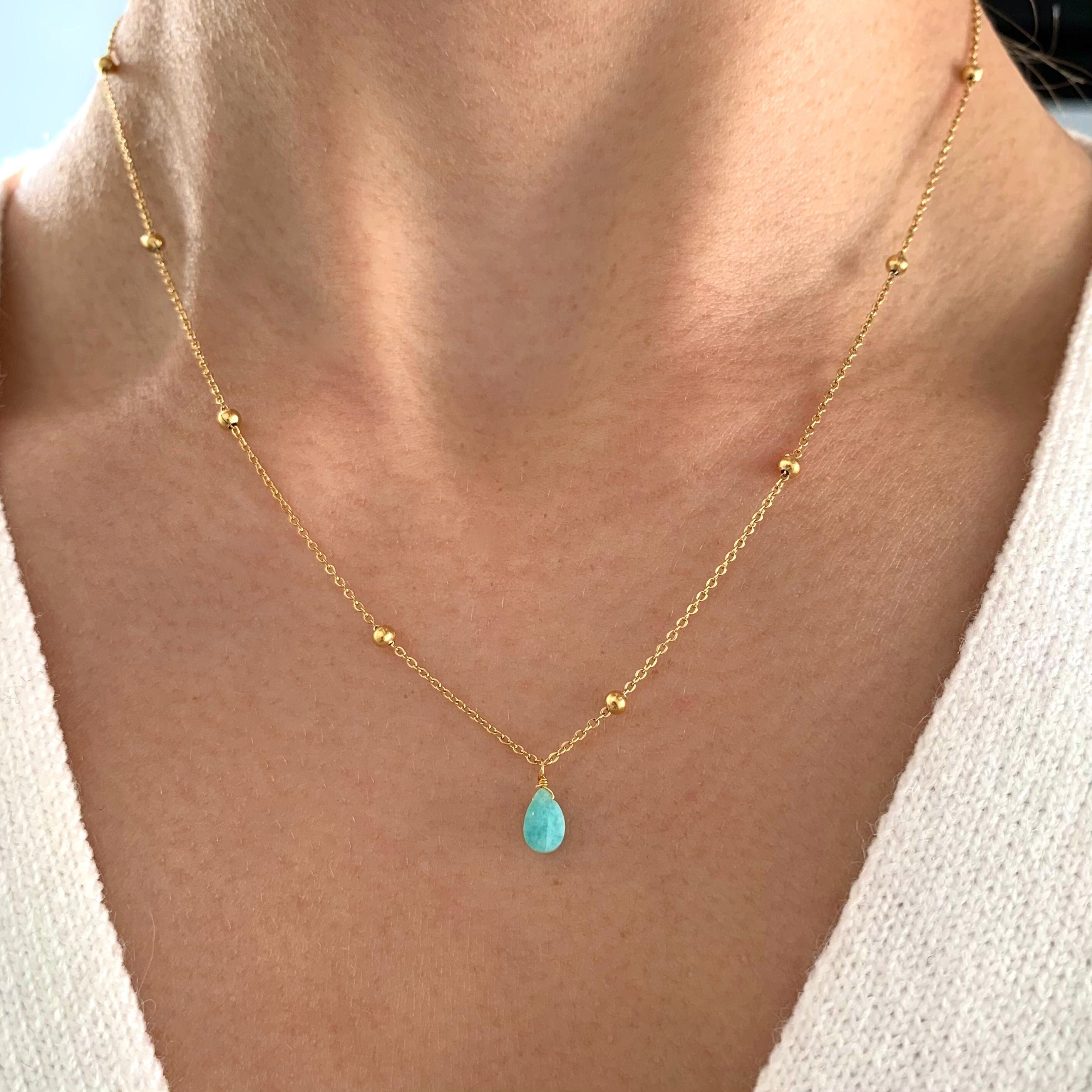 Collier fin pendentif pierre amazonite bleu turquoise / Collier femme minimaliste chaine fine acier inoxydable / Cadeau femme