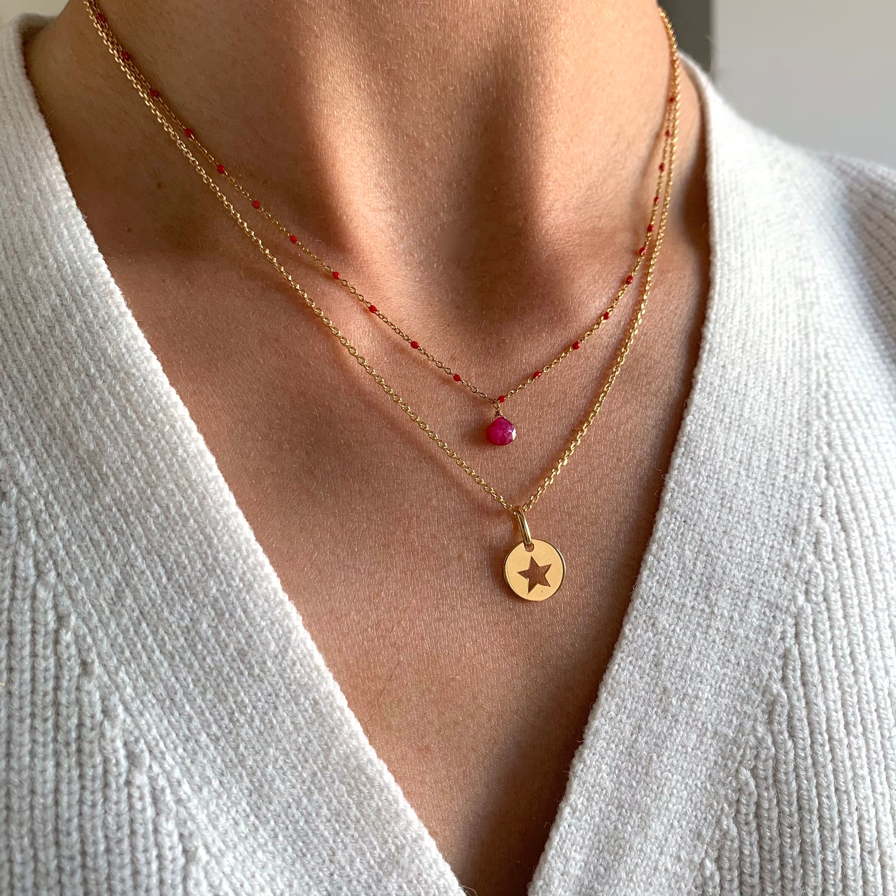 Collier acier inoxydable pendentif pierre rose fuschia / Collier femme minimaliste chaine