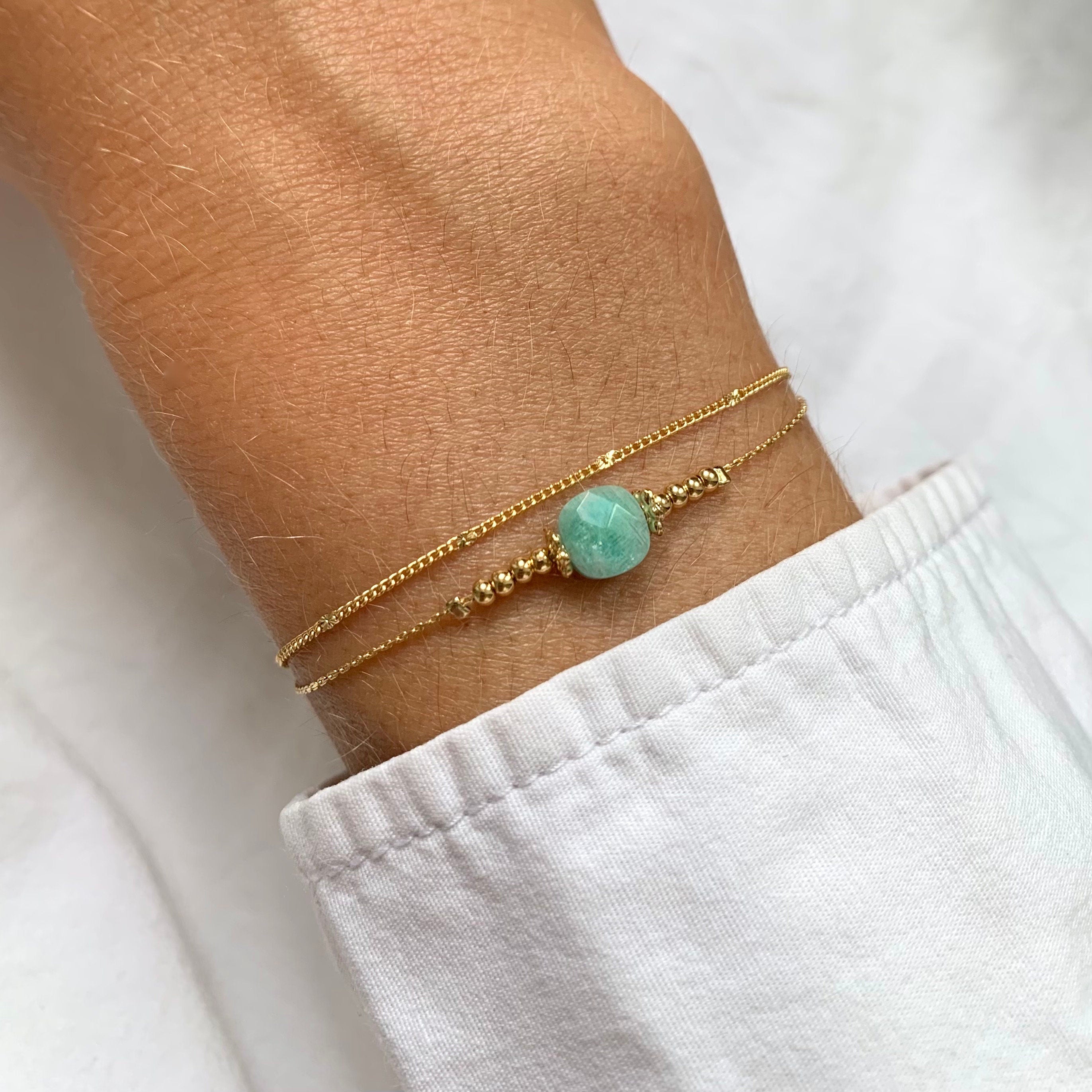 Bracelet acier inoxydable pierre naturelle quartz rose / Bracelet double rang chaine fine perle carré