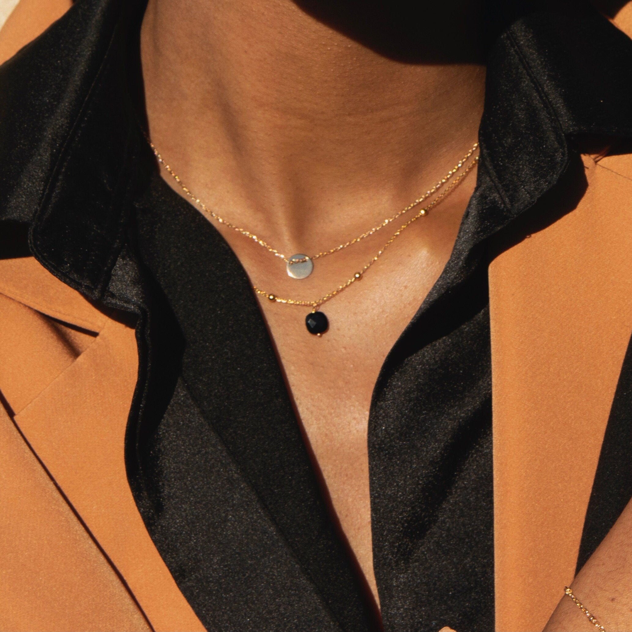 Collier acier inoxydable pendentif pierre onyx noir / Collier femme minimaliste chaine fine