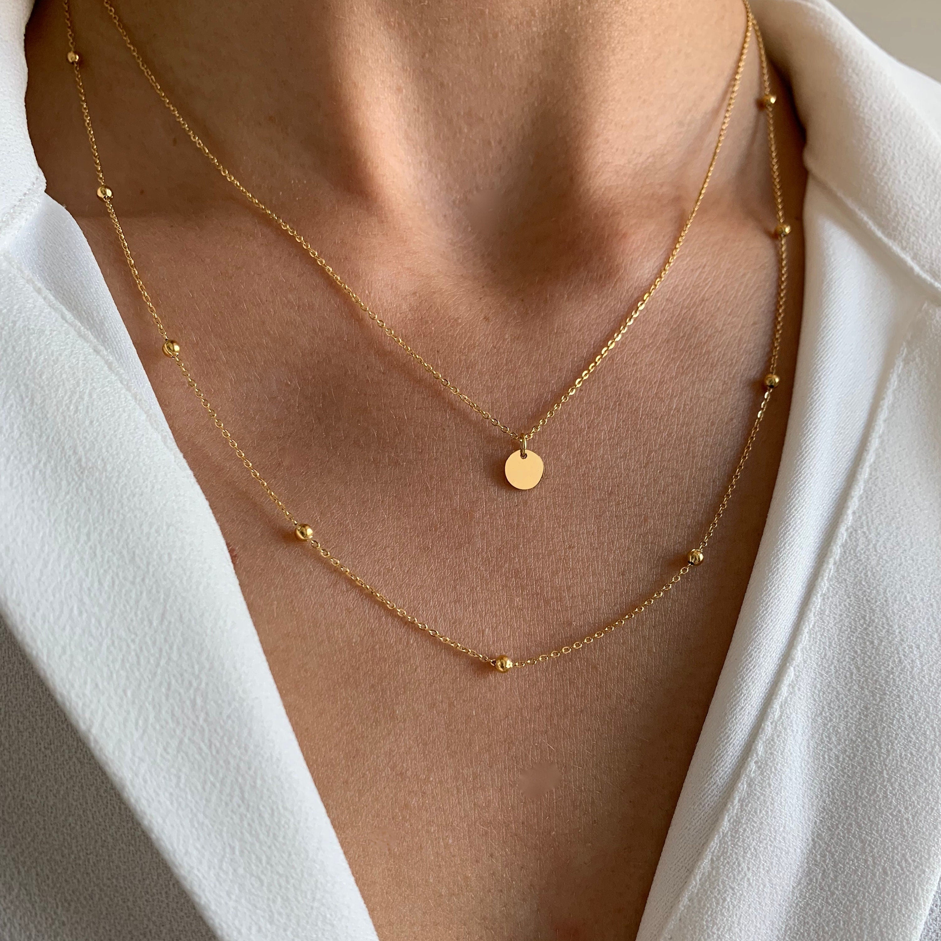 Collier acier inoxydable double rang chaine pendentif rond / Collier femme chaine à billes