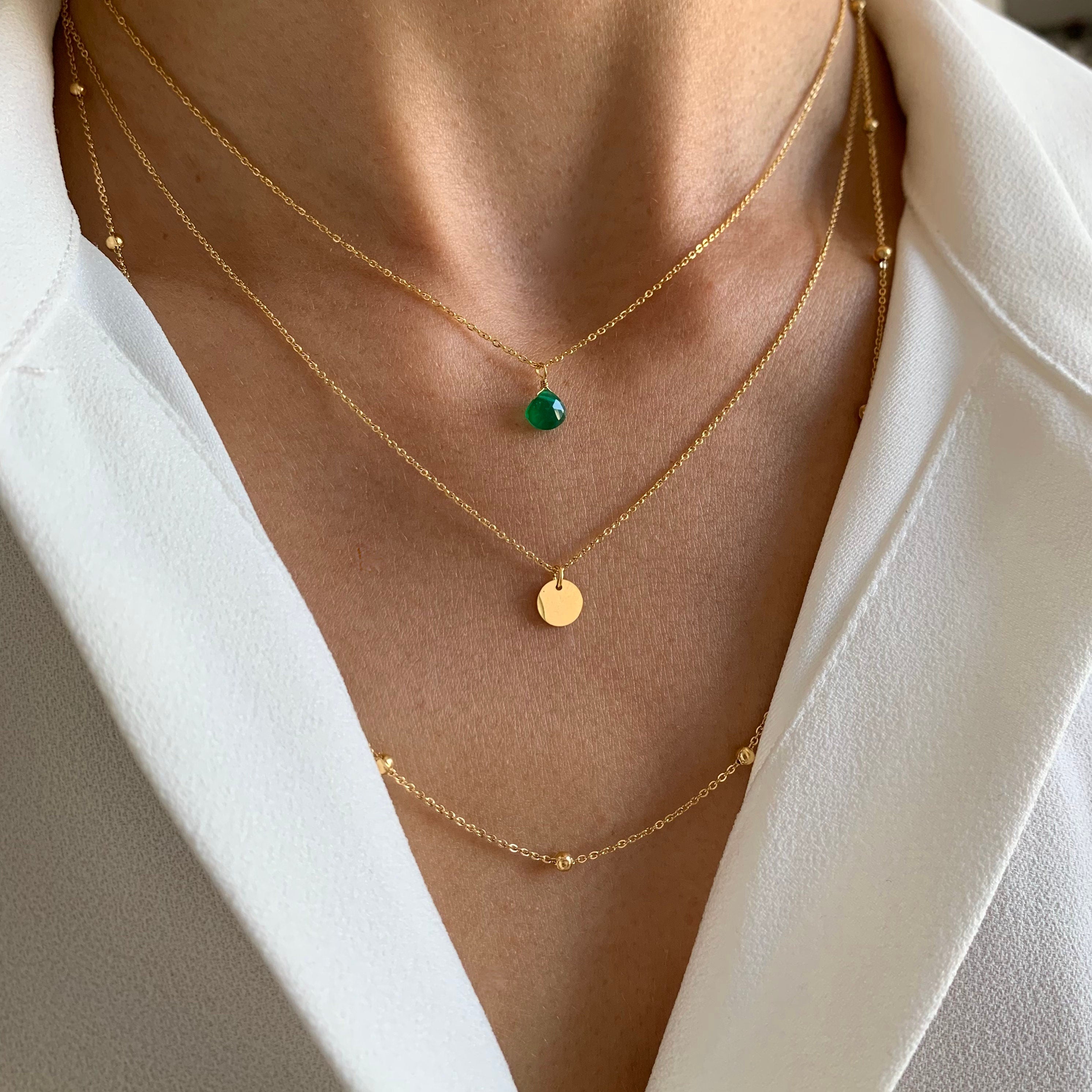 Collier acier inoxydable double rang chaine pendentif rond / Collier femme chaine à billes