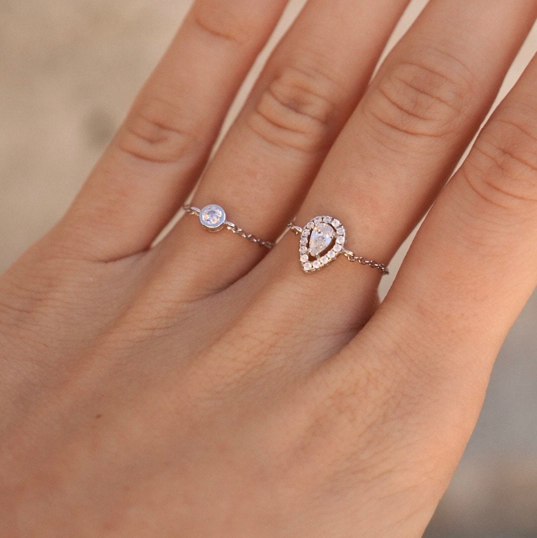 Bague femme Argent 925 brillant zirconium goutte / Bague réglable / Bague chaine brillant poire