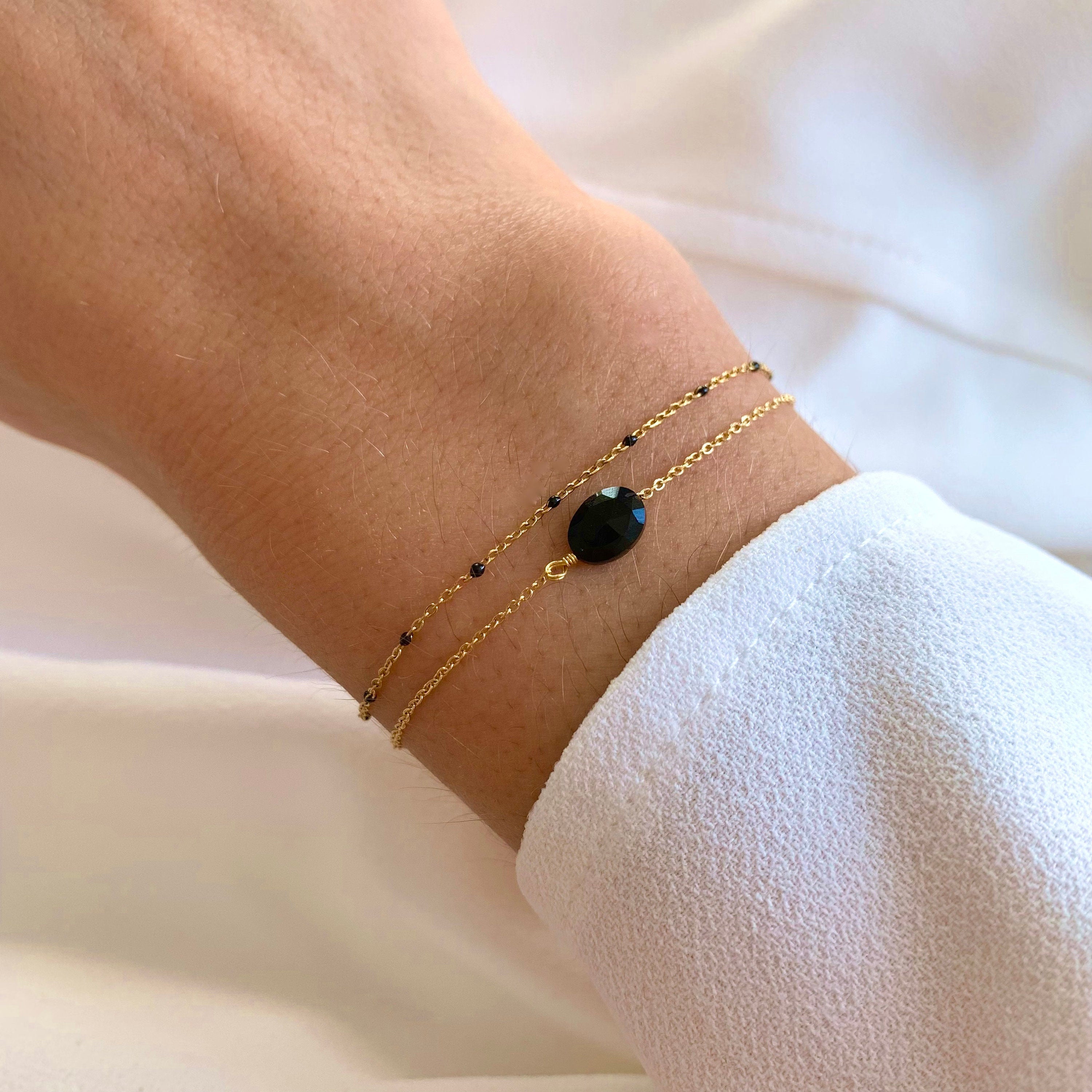 Bracelet femme double rang chaine fine pierre onyx noir / Bracelet acier inoxydable