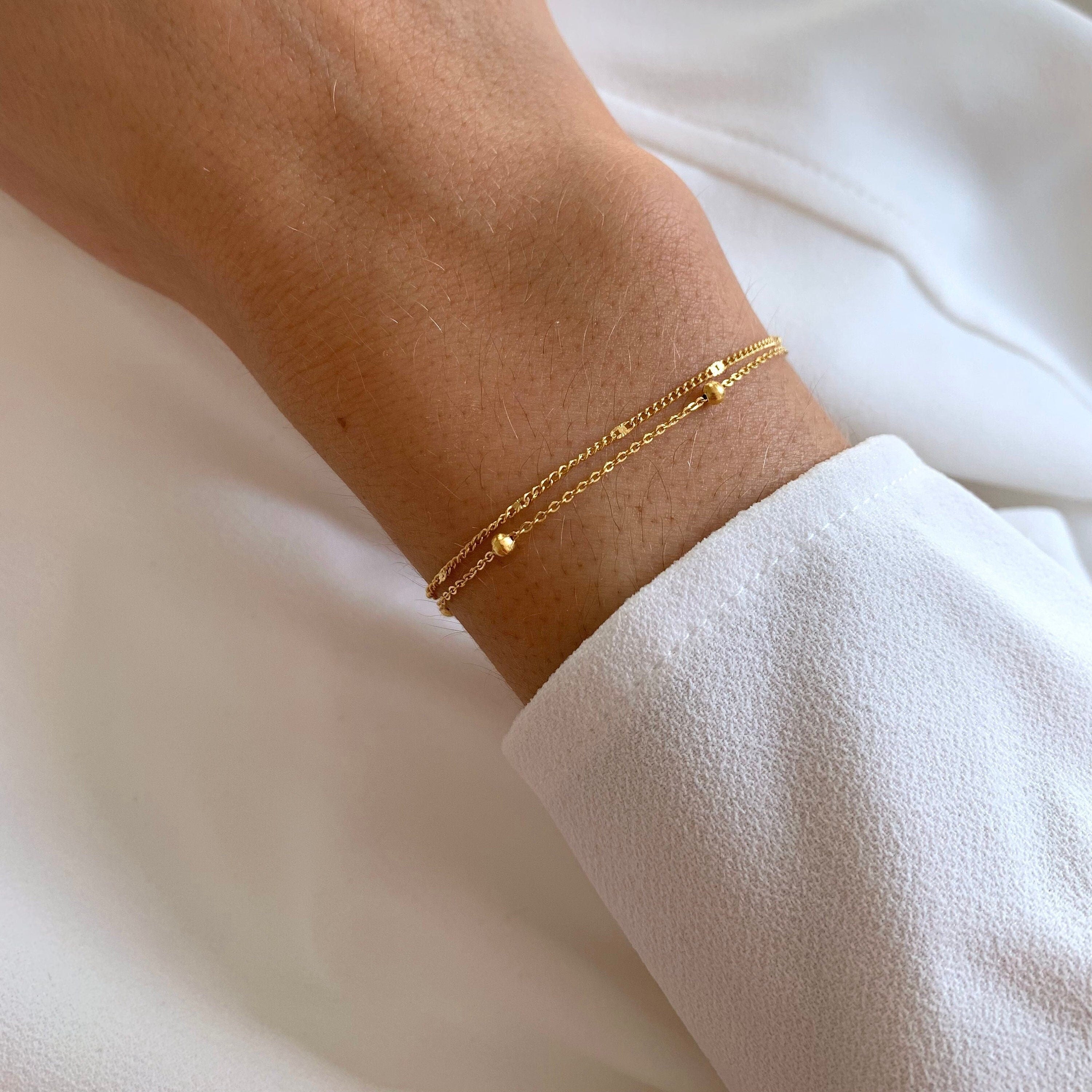 Bracelet femme acier inoxydable double rang chaine fine / Bracelet fin minimaliste