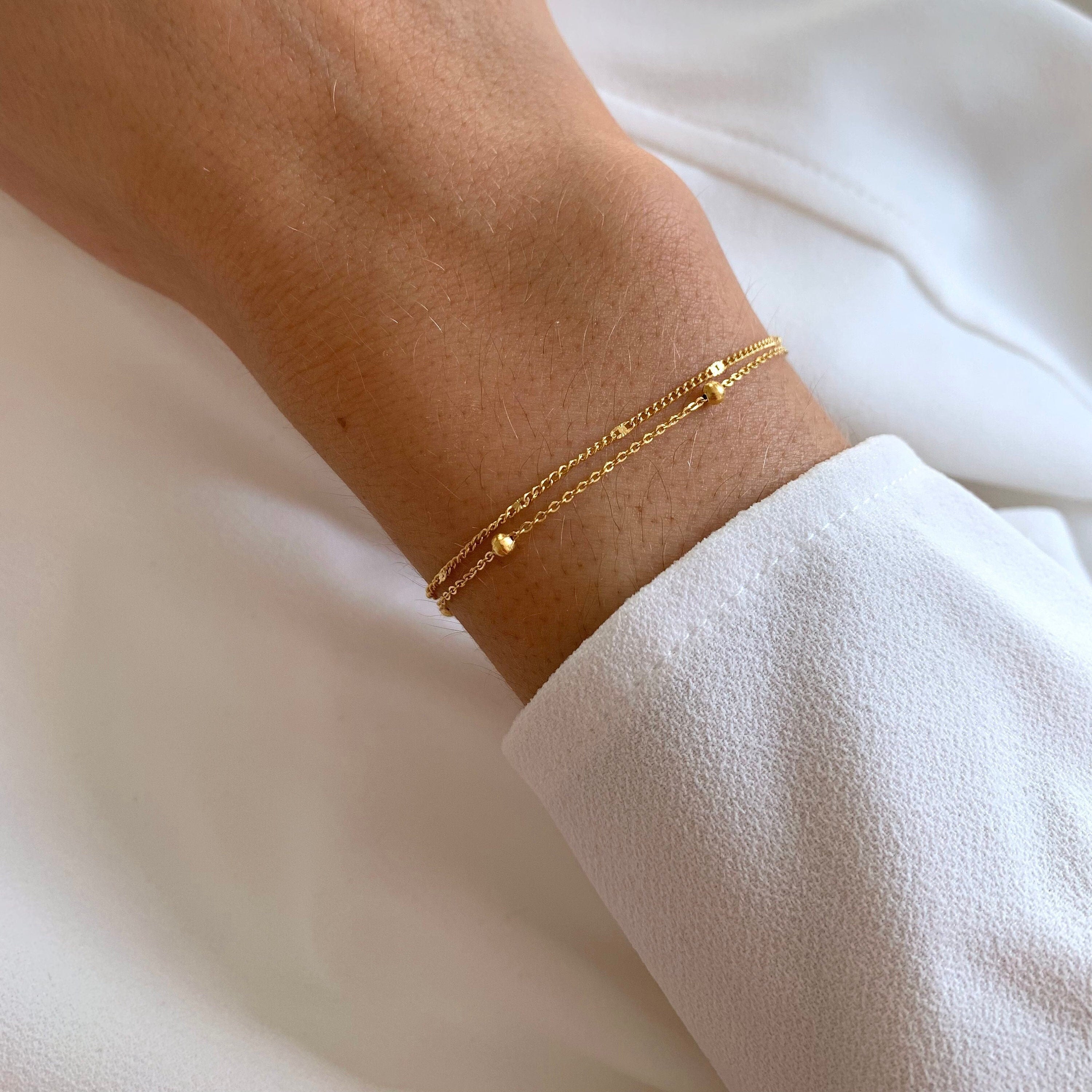 Bracelet femme acier inoxydable double rang chaine fine / Bracelet fin minimaliste
