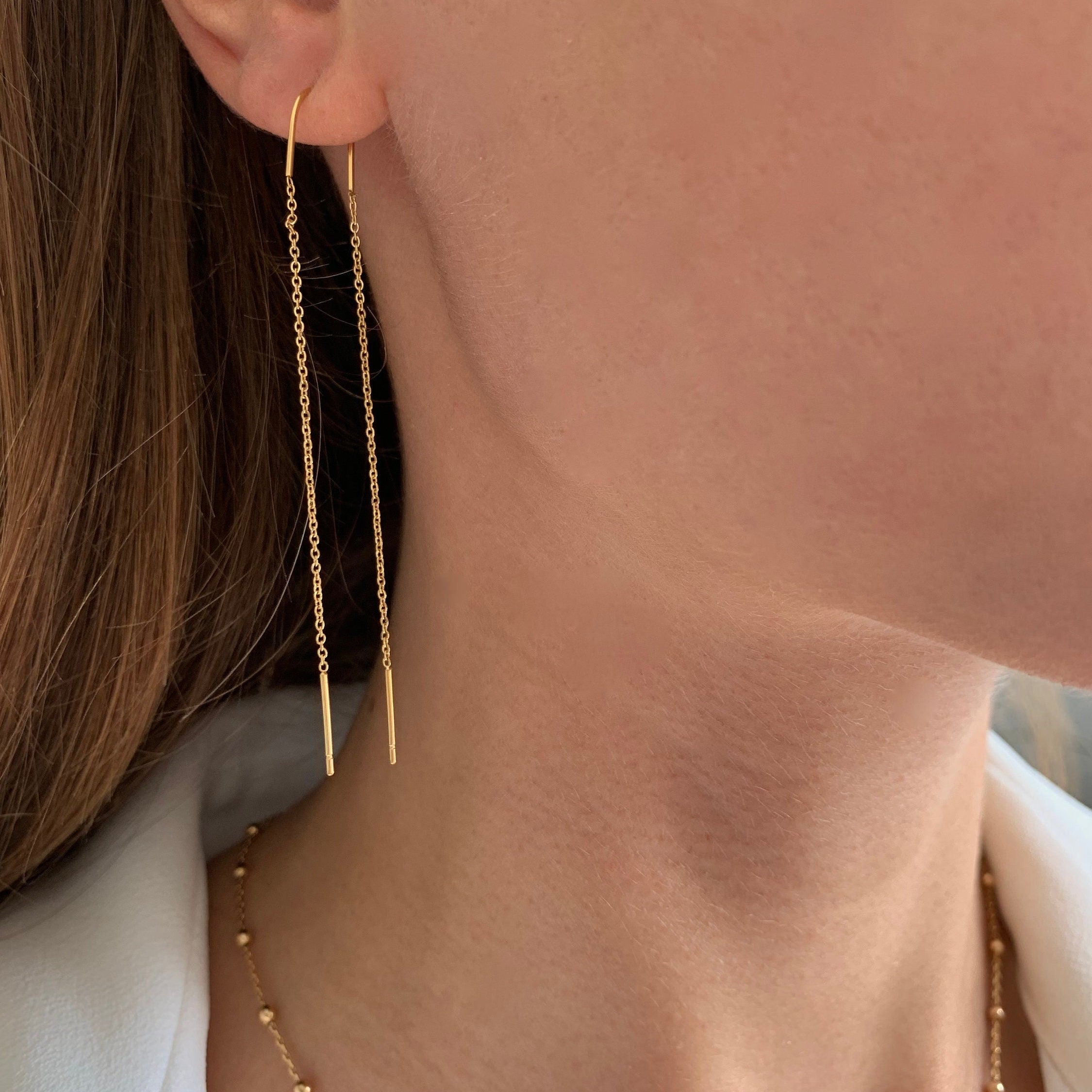 Boucle d'oreille pendantes des deux cotés / Boucles d'oreille chaine traversante avant arrière acier inoxydable