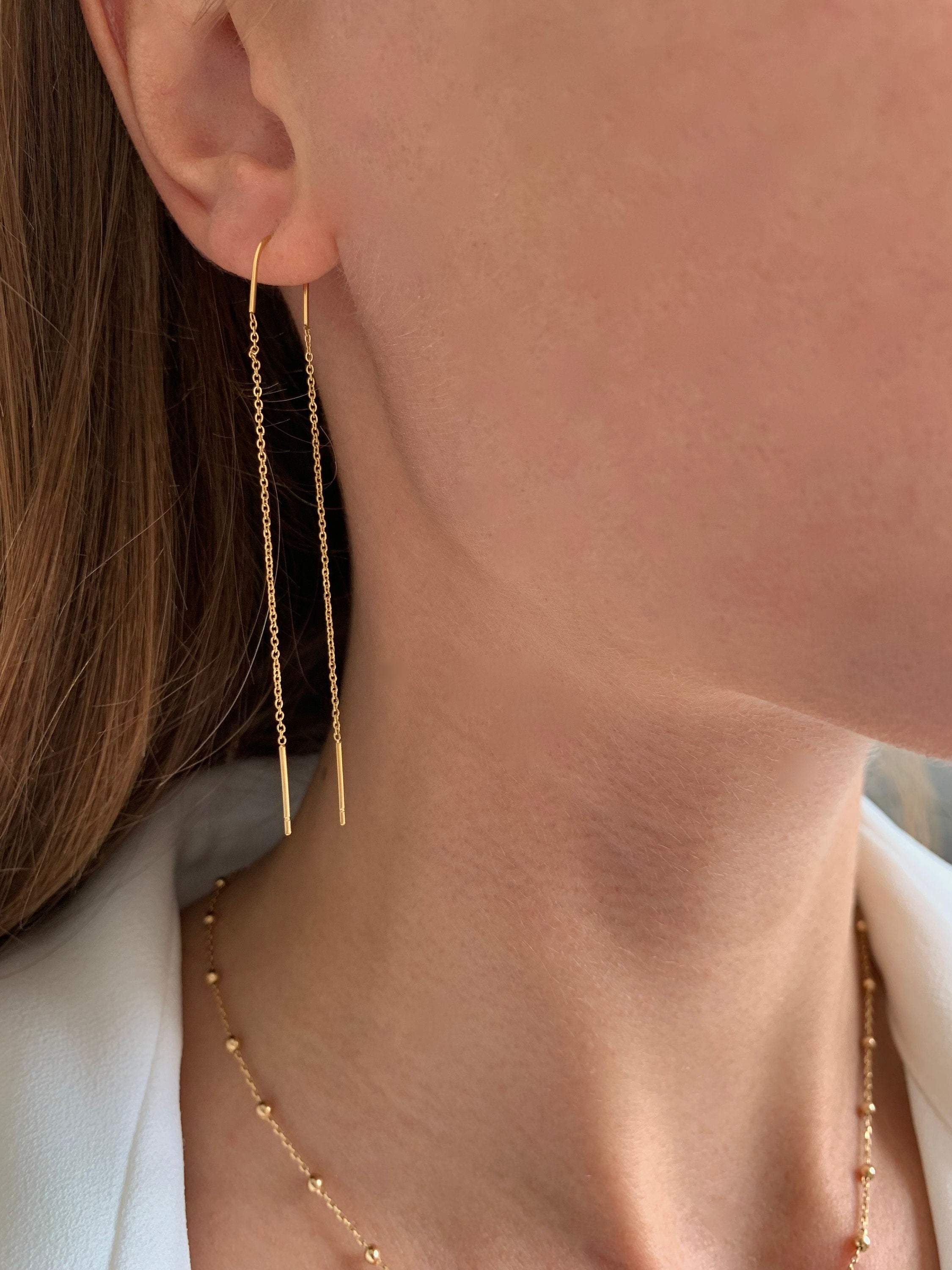 Boucle d'oreille pendantes des deux cotés / Boucles d'oreille chaine traversante avant arrière acier inoxydable
