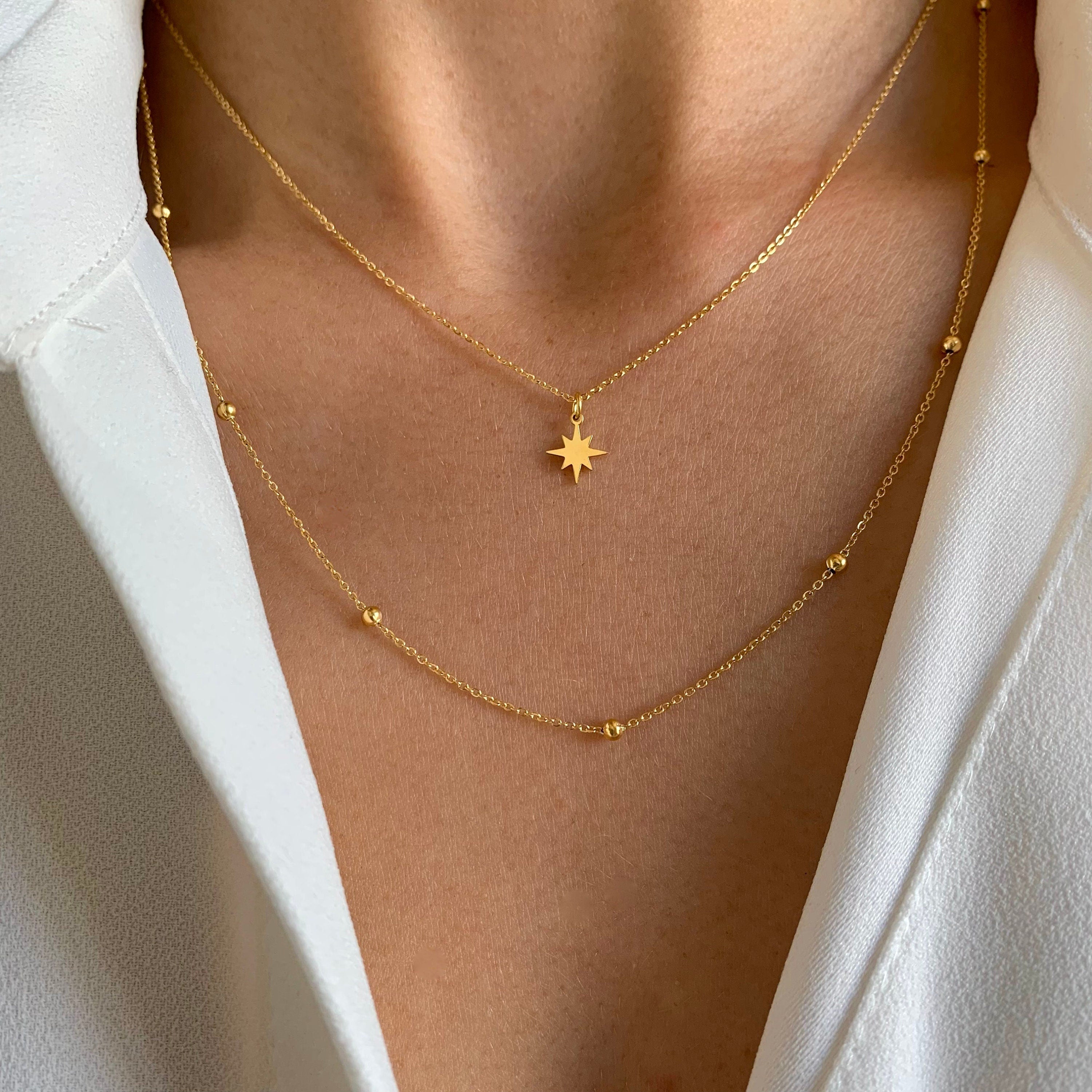 Collier acier inoxydable pendentif étoile chaine boule / Collier femme fin chaine double