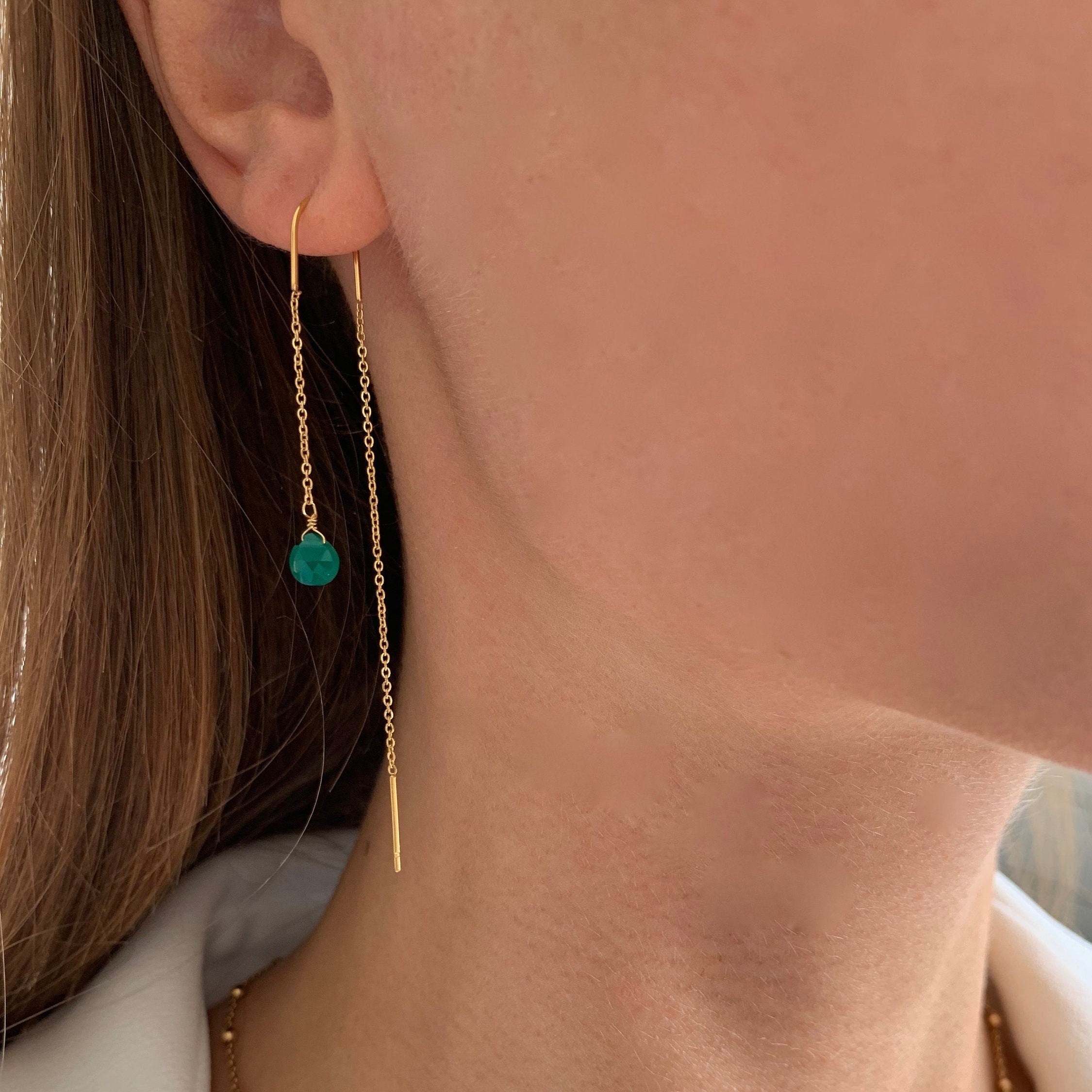 Boucles d'oreilles pendantes des deux cotés pierre naturelle agate verte / Boucles d'oreille chaine traversante acier inoxydable