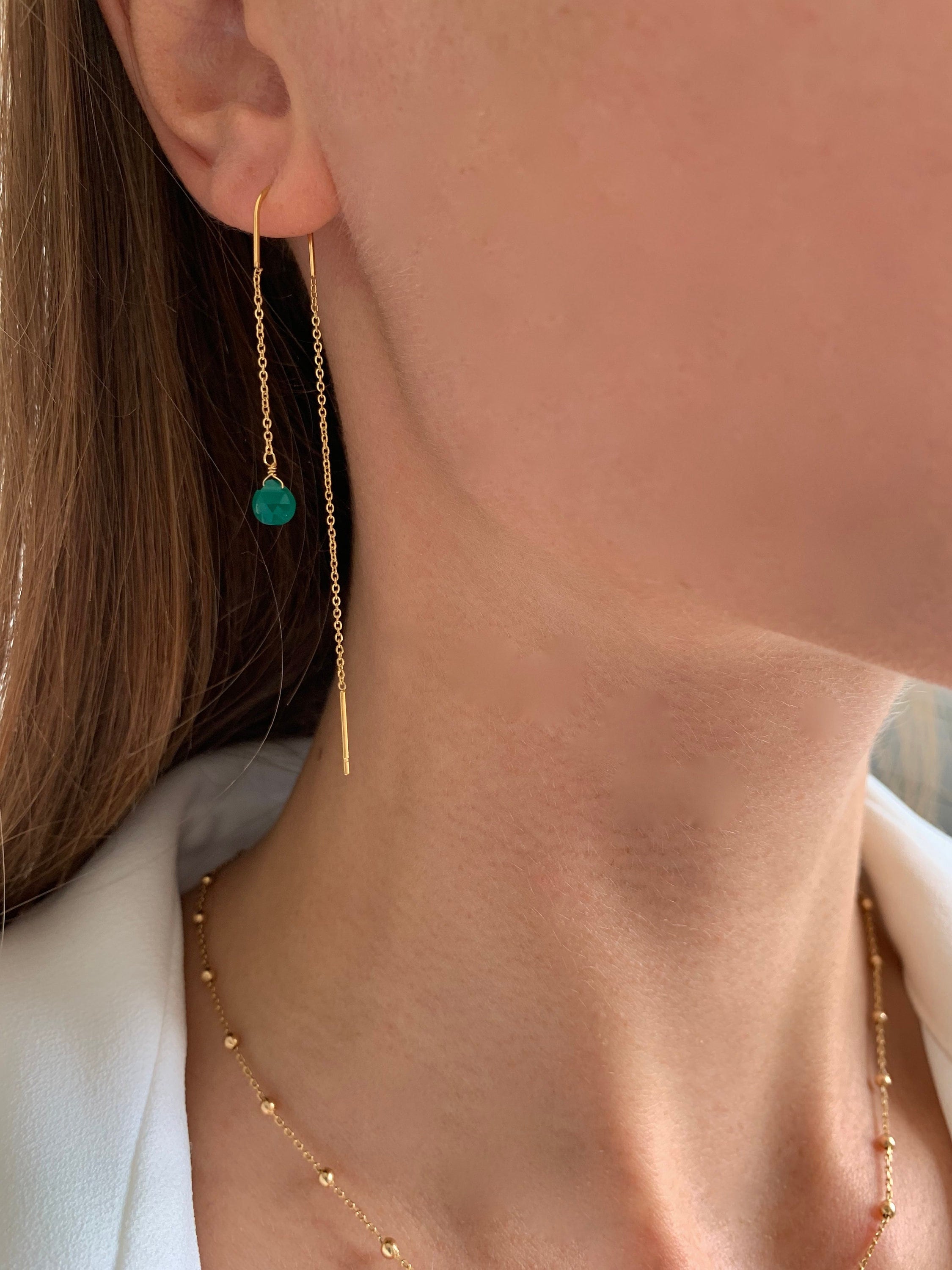Boucles d'oreilles pendantes des deux cotés pierre naturelle agate verte / Boucles d'oreille chaine traversante acier inoxydable
