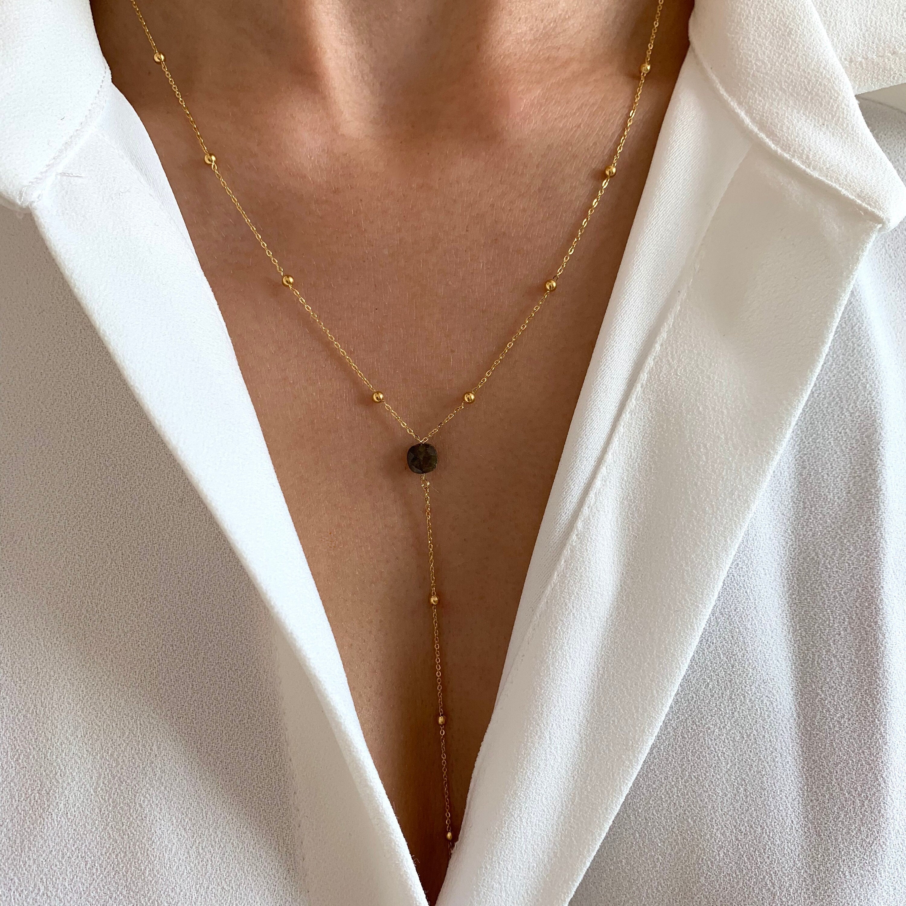 Collier fin pendentif pierre labradorite / Collier femme minimaliste chaine fine acier inoxydable