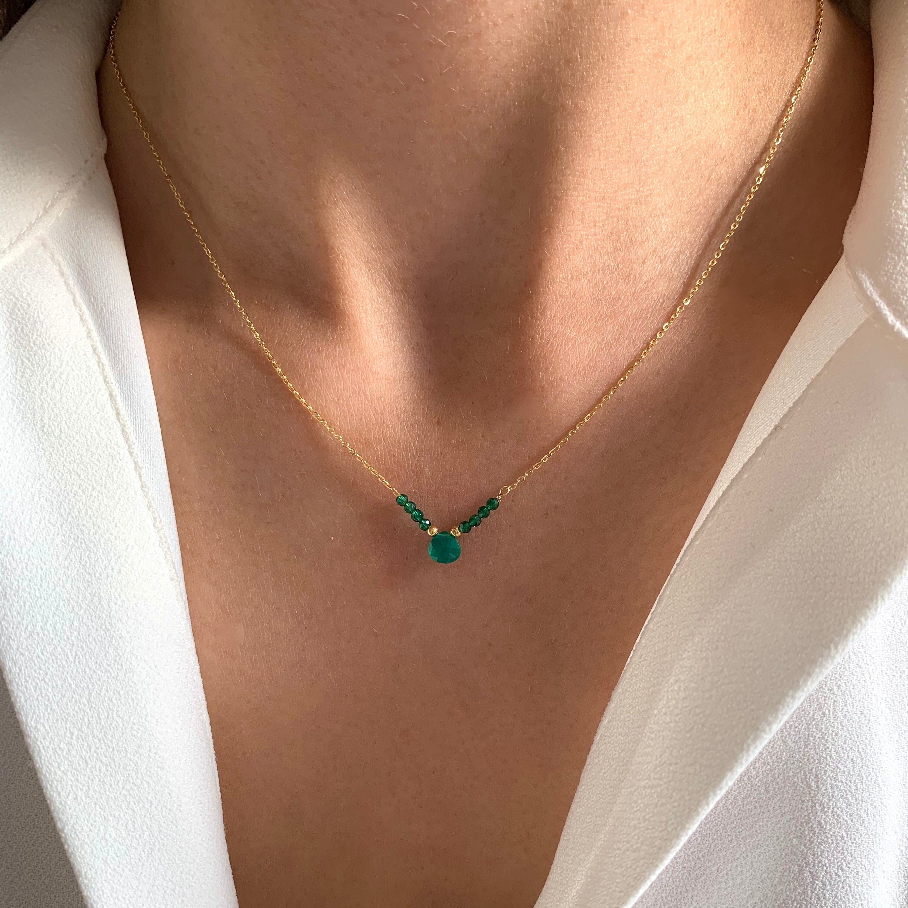 Collier acier inoxydable pendentif goutte pierre verte Agate / Collier femme minimaliste chaine