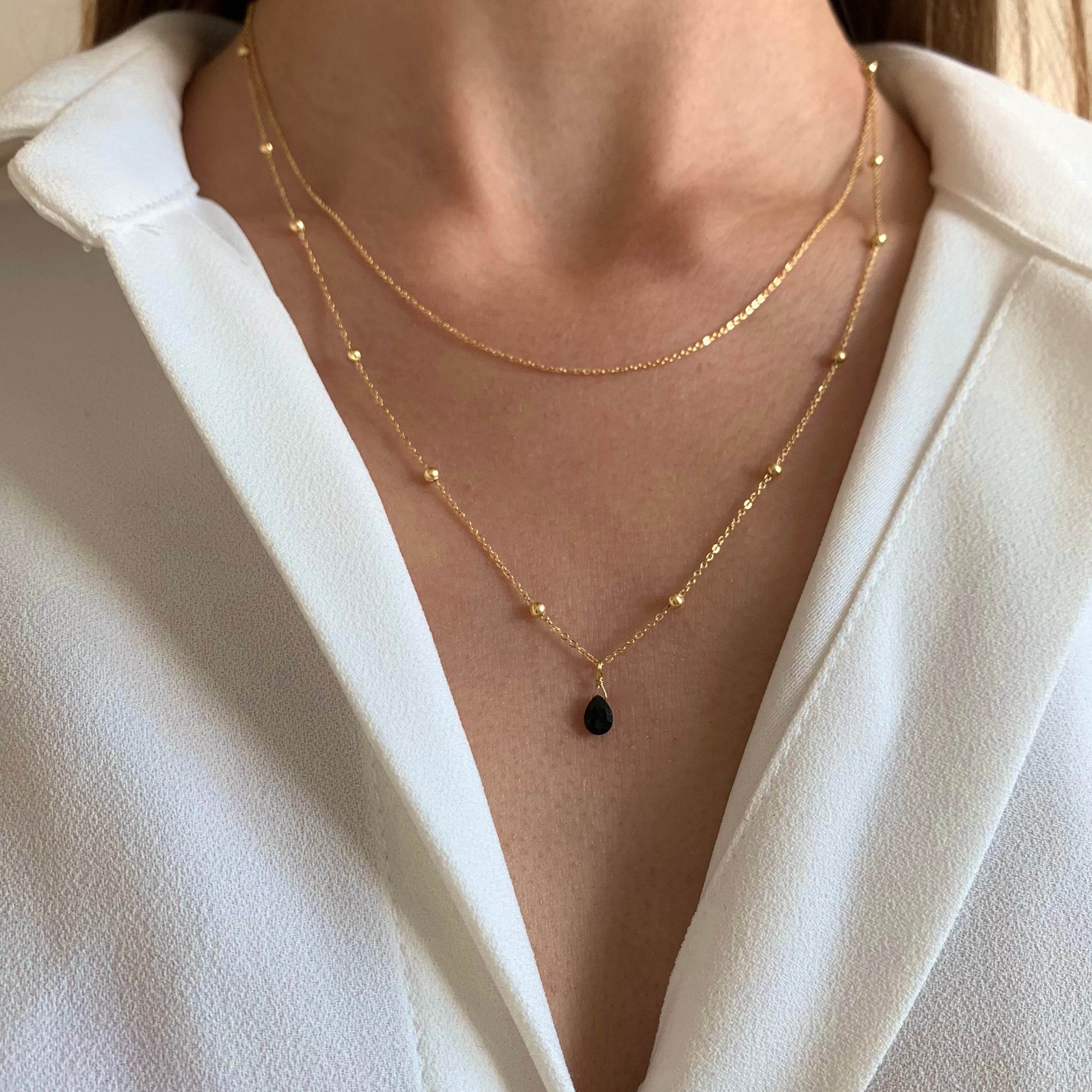 Collier double rang pendentif goutte pierre onyx noire / Collier femme chaine fine acier inoxydable