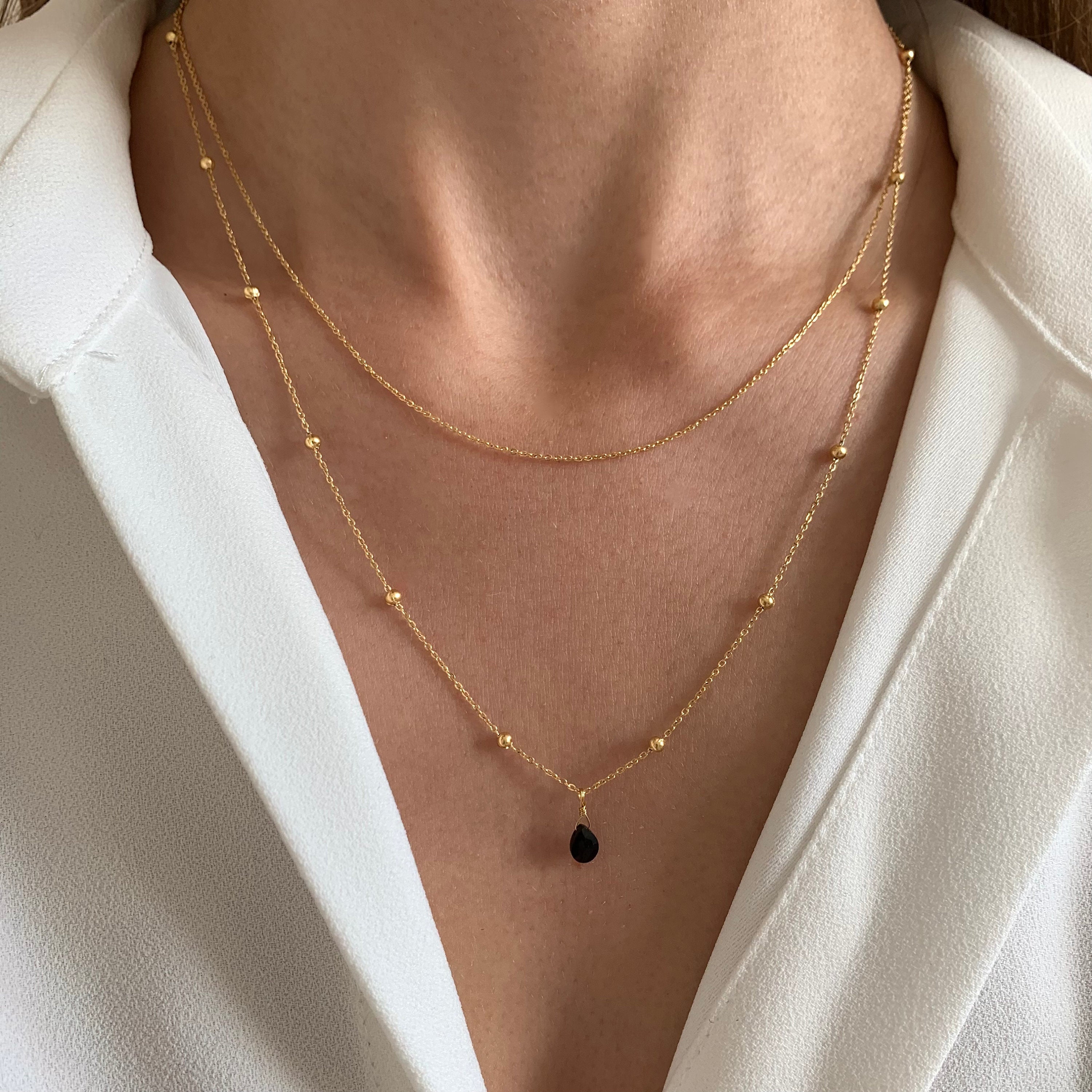Collier double rang pendentif goutte pierre onyx noire / Collier femme chaine fine acier inoxydable