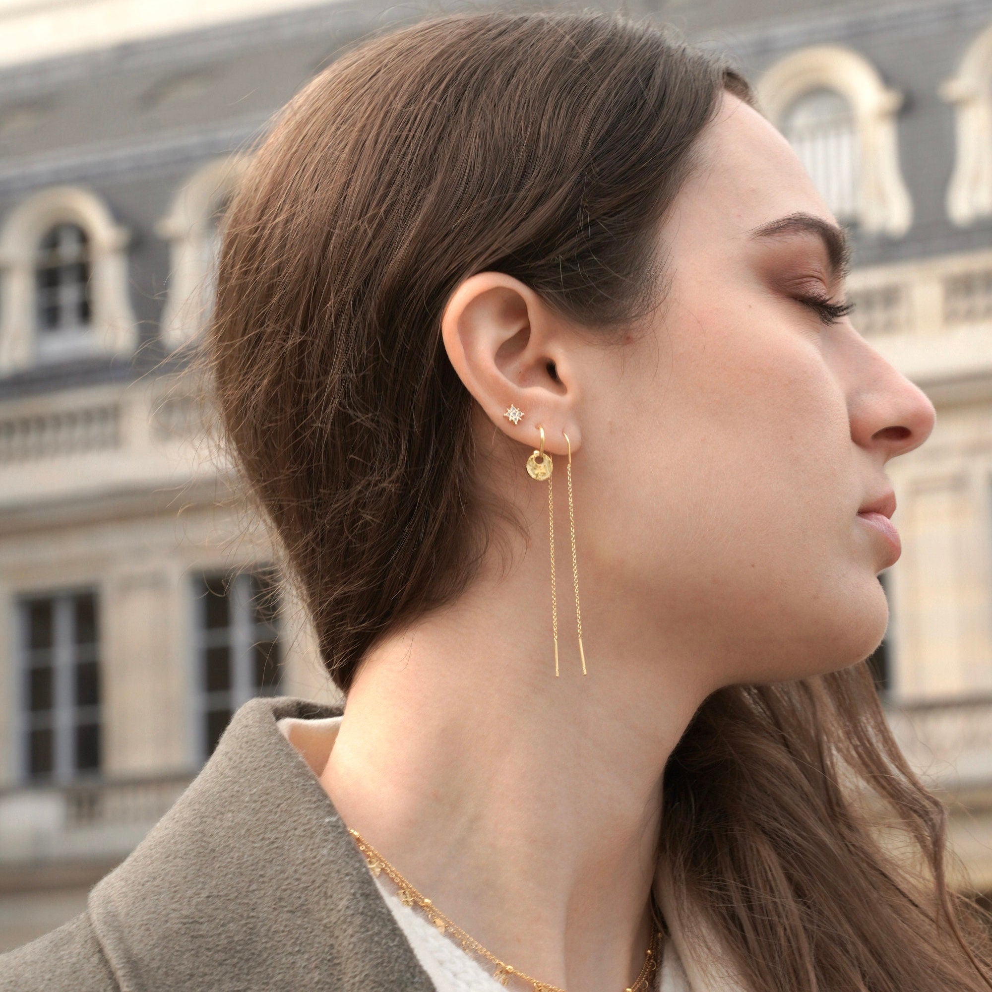 Boucles d'oreilles pendantes acier inoxydable pendentif rond / Boucles d'oreilles minimalistes petits anneaux