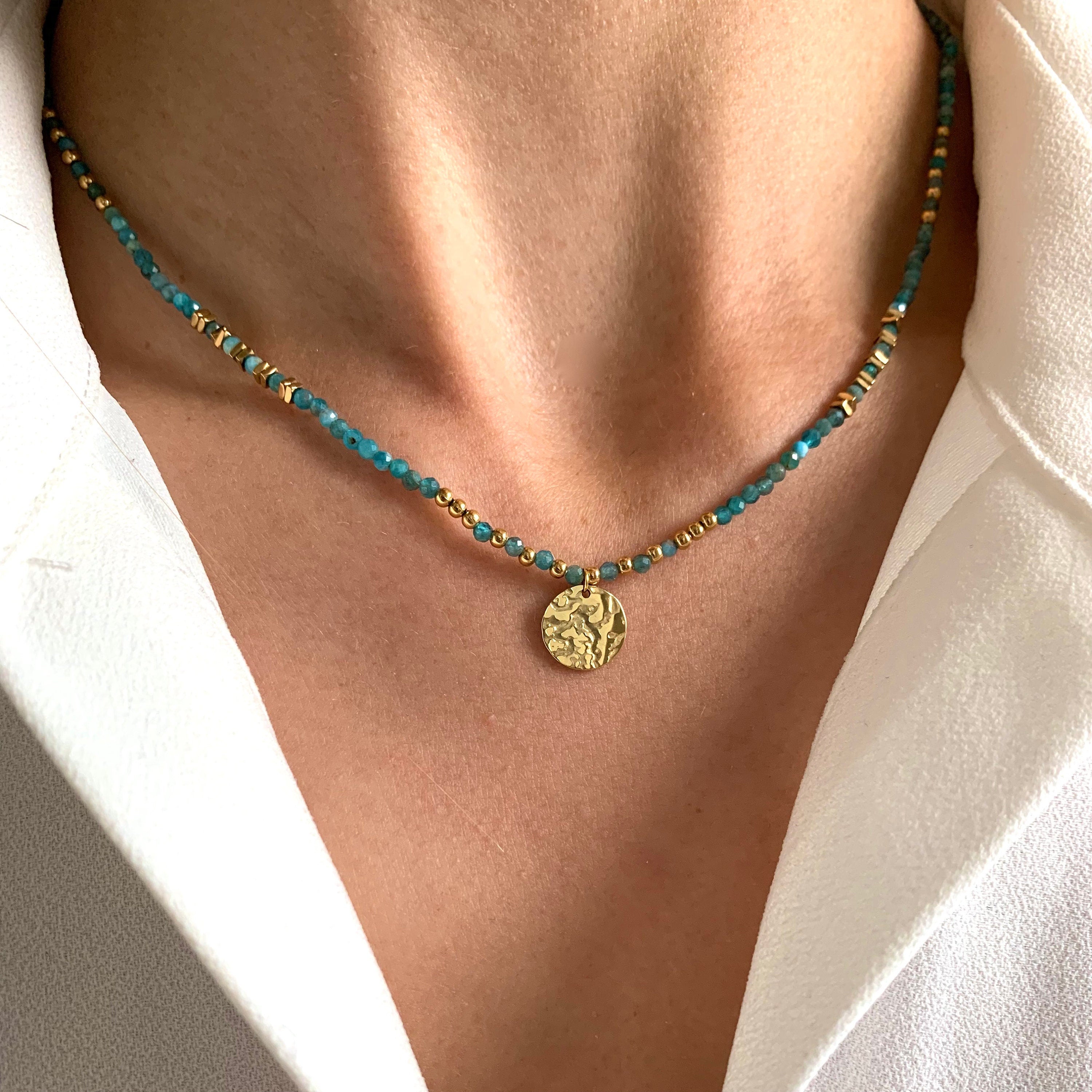Collier pierre naturelle Apatite / Collier femme perles pendentif rond acier inoxydable