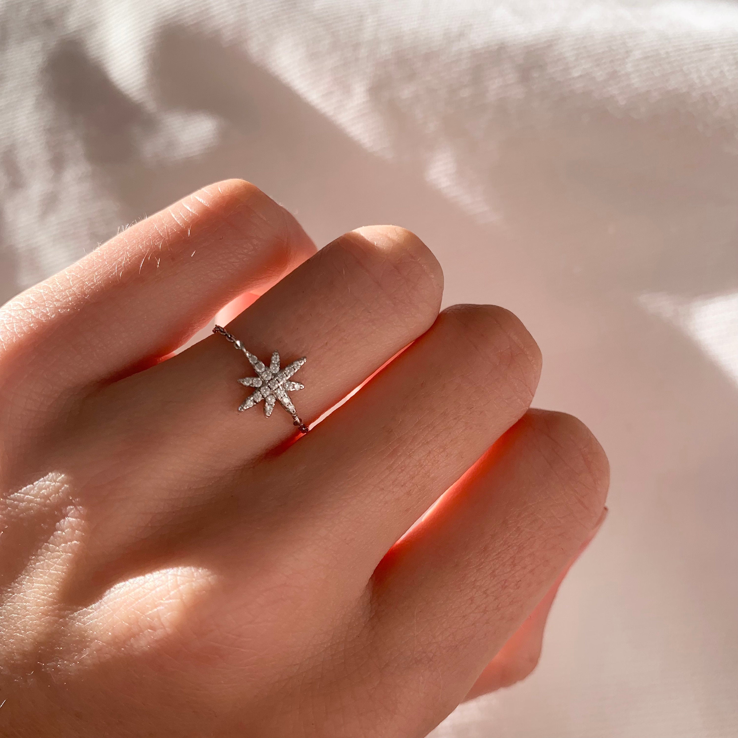 Bague femme Argent 925 brillant zirconium étoile / Bague réglable / Bague chaine brillant