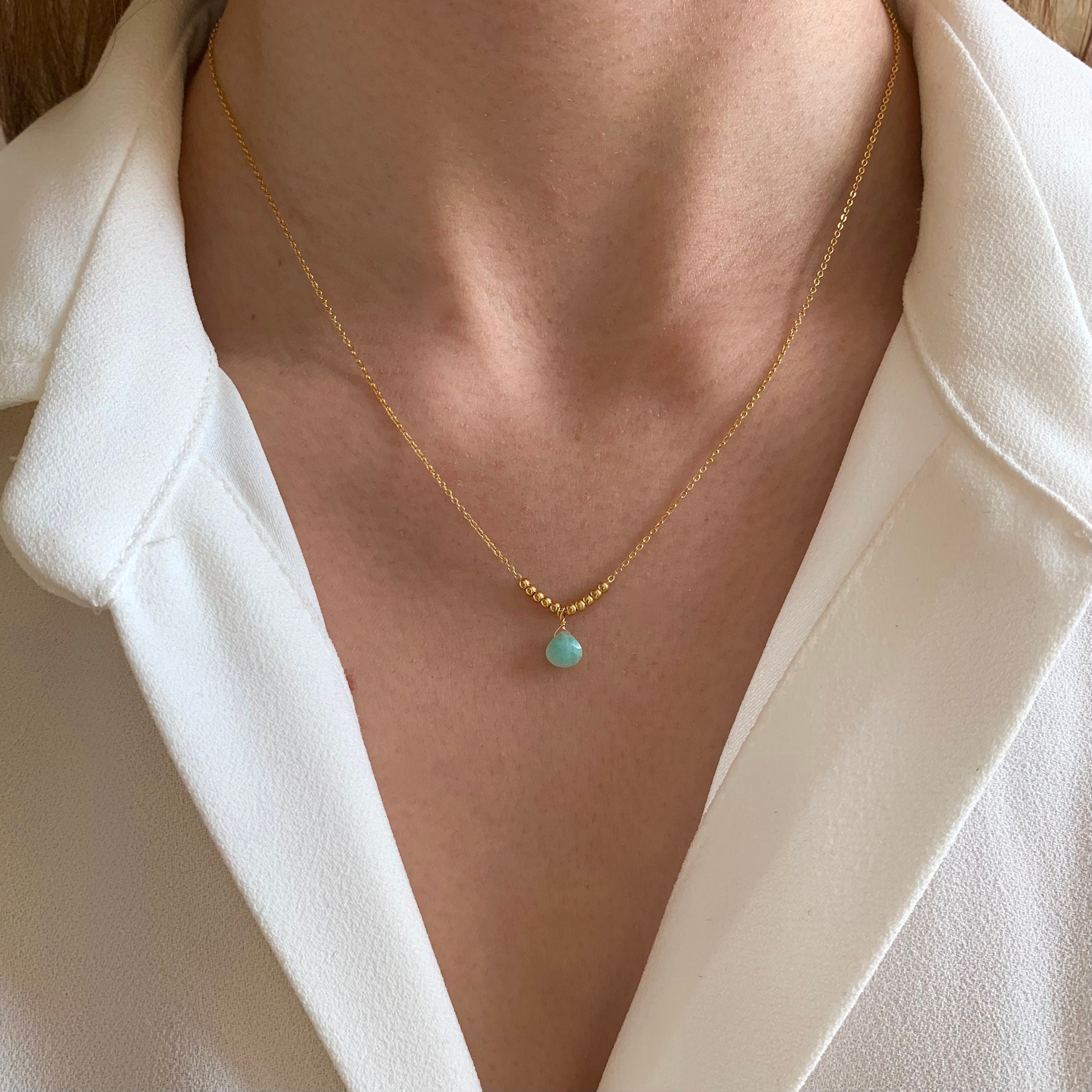 Collier fin chaine acier inoxydable pendentif pierre bleu turquoise Amazonite / Collier femme chaine fine pierre naturelle goutte