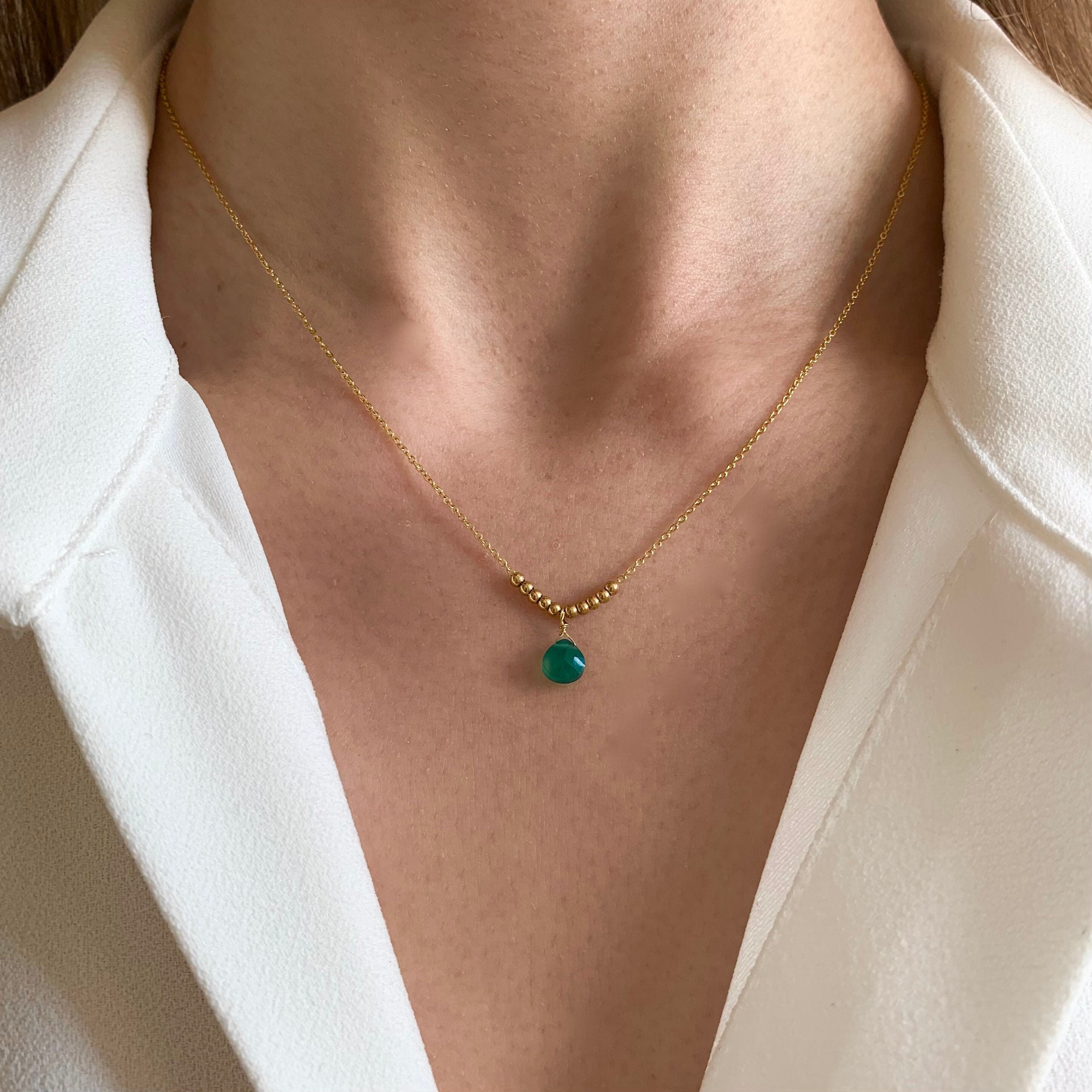 Collier fin chaine acier inoxydable pendentif pierre verte agate / Collier femme chaine fine pierre naturelle goutte