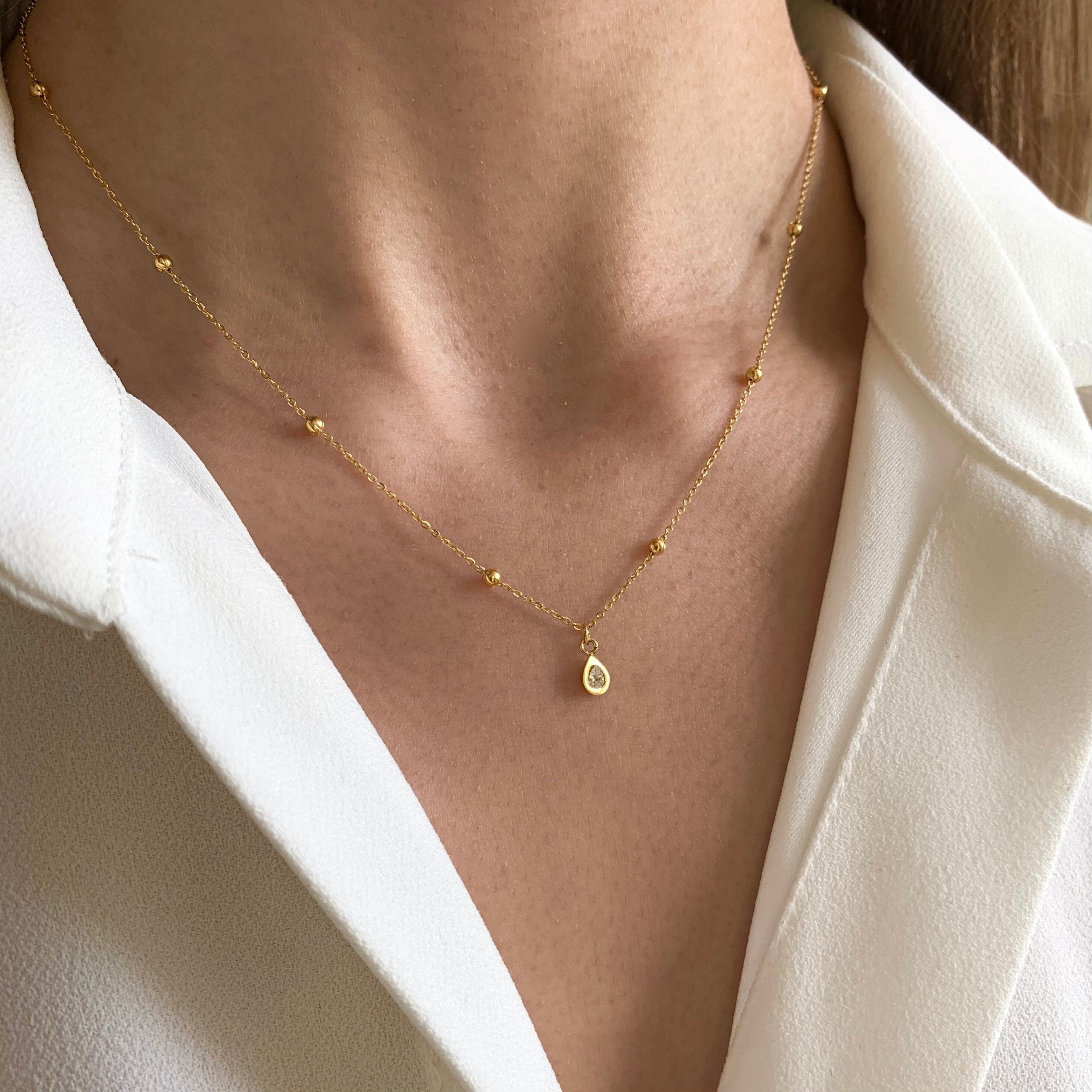 Collier femme acier inoxydable chaine fine à bille pendentif goutte pierre oxyde de zirconium