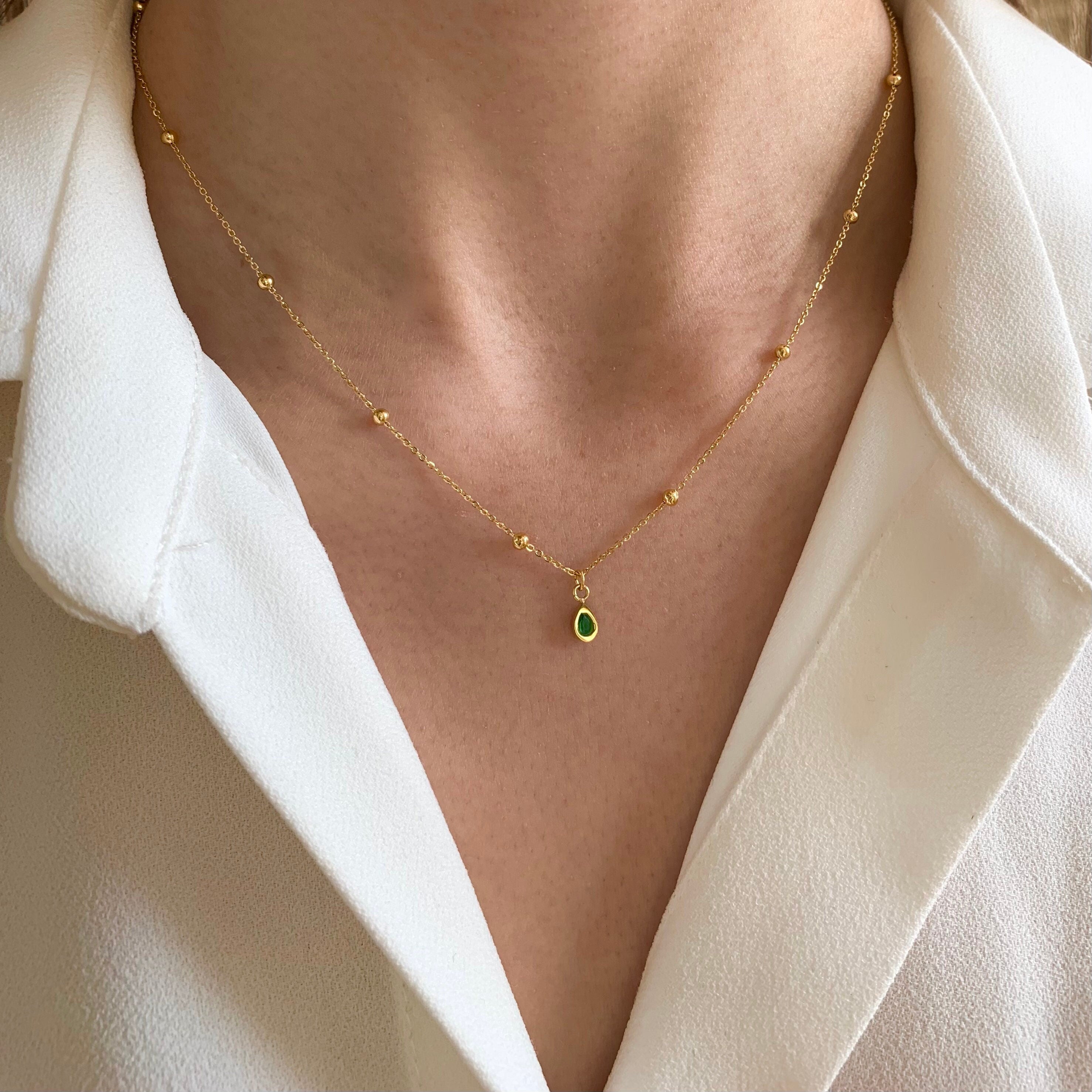 Collier acier inoxydable pendentif goutte chaine boule / Collier femme fin chaine billes zirconium