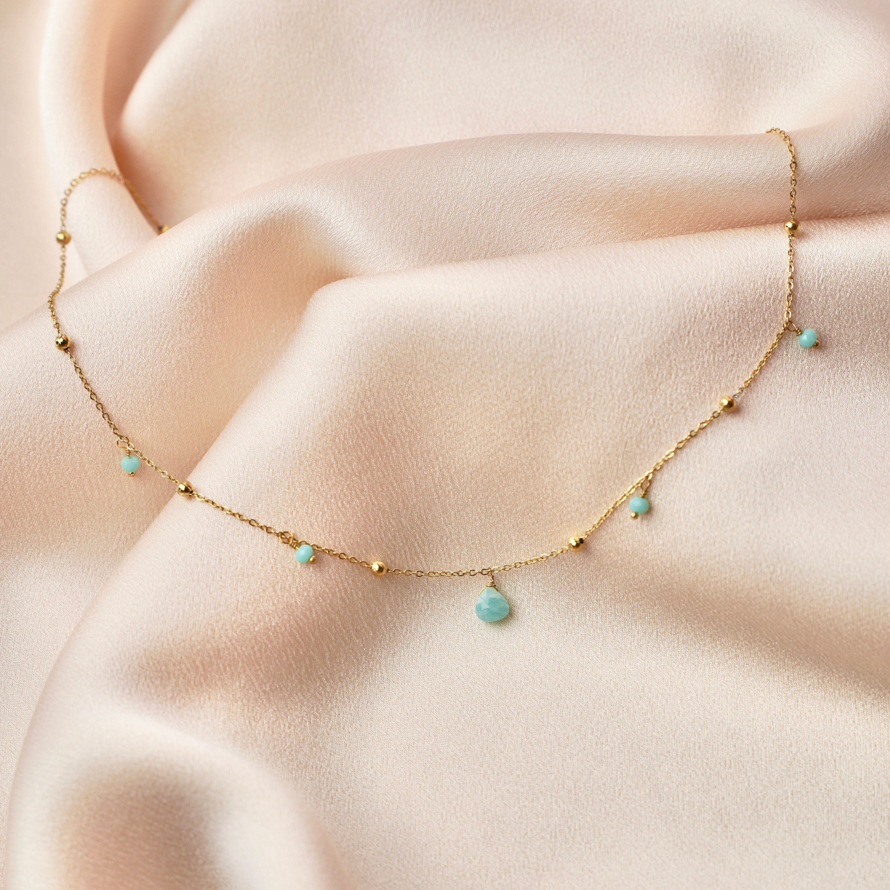 Collier acier inoxydable pierre amazonite bleu givré / Collier femme pendentif pierre semi précieuse