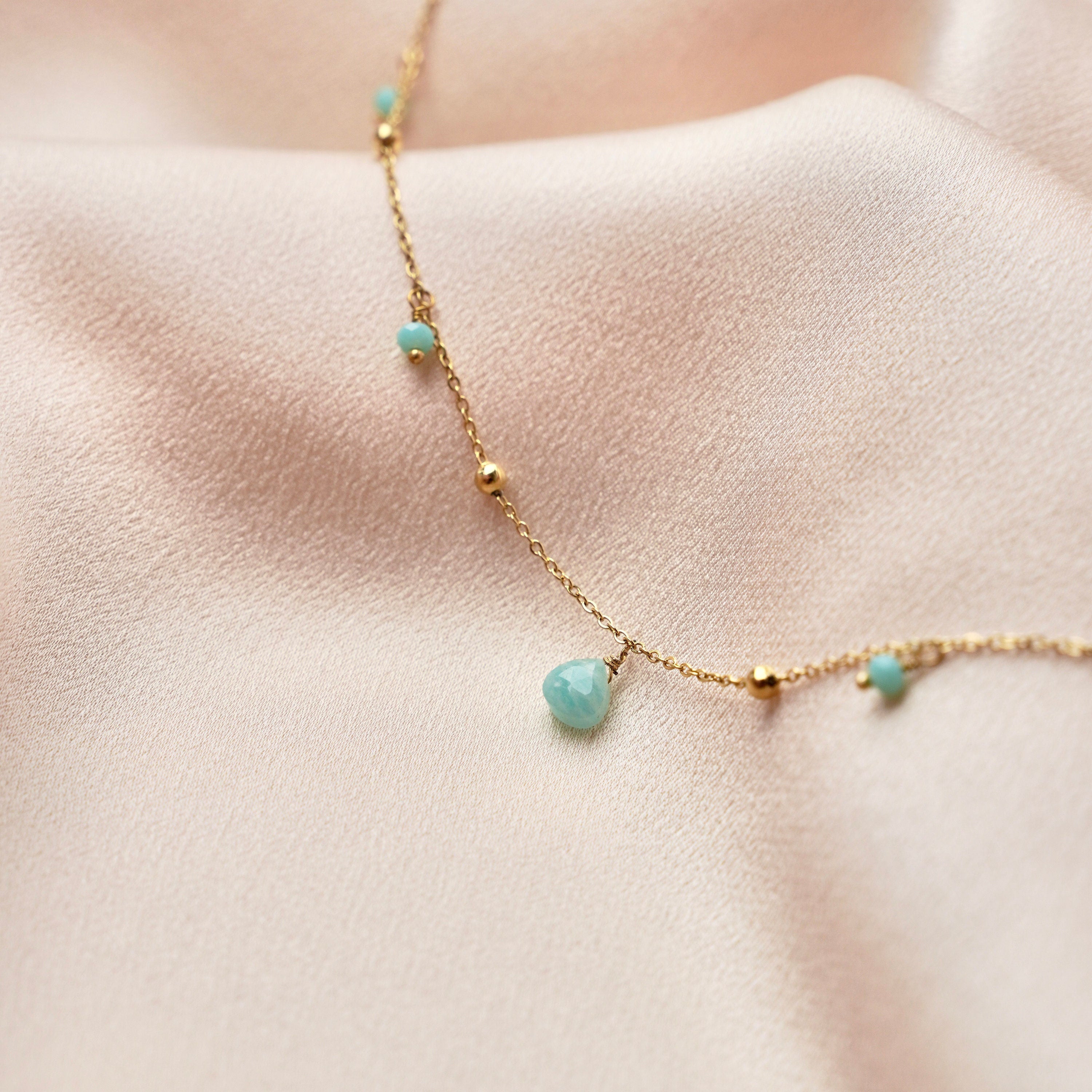 Collier acier inoxydable pierre amazonite bleu givré / Collier femme pendentif pierre semi précieuse