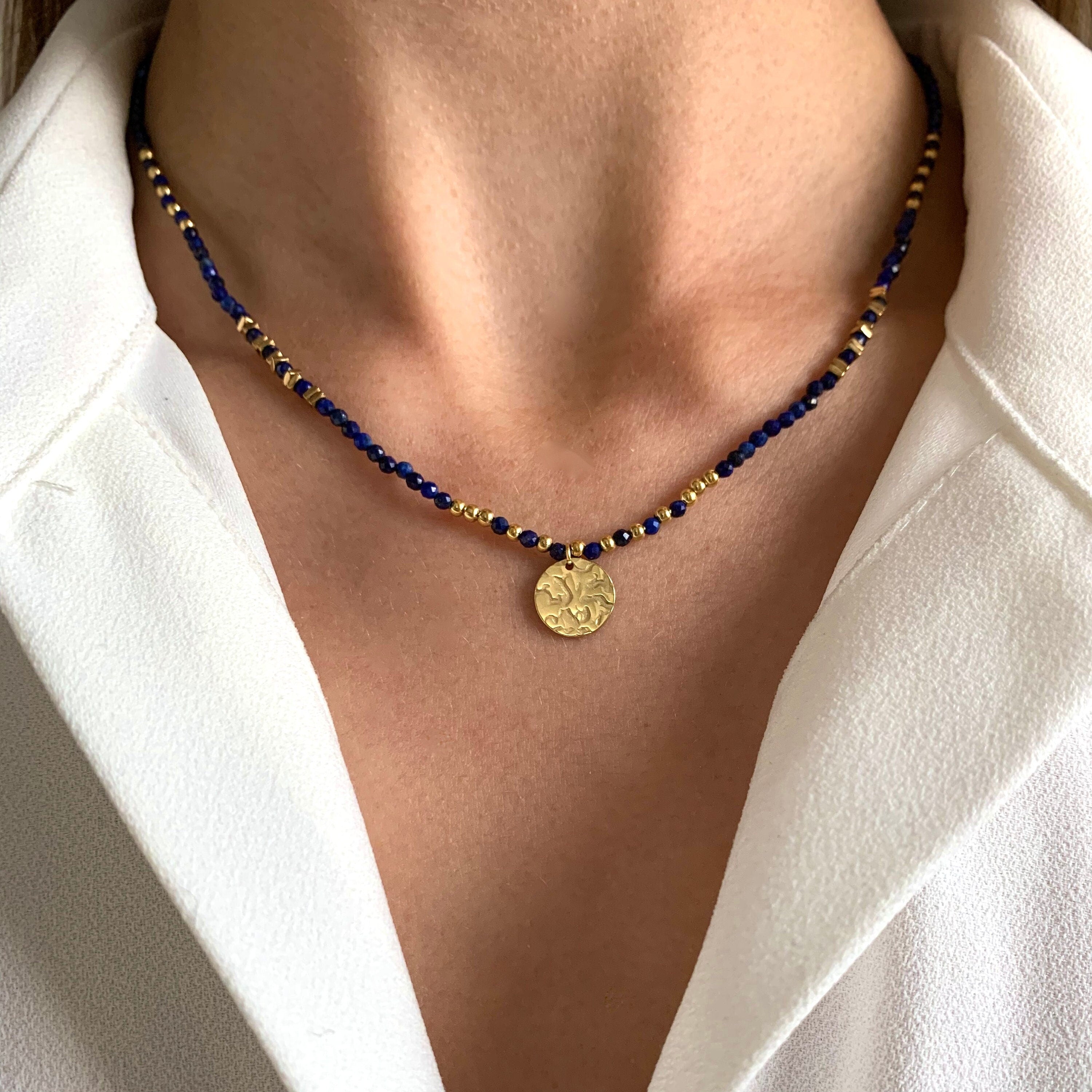 Collier pierre naturelle Lapis Lazuli / Collier femme perles bleues pendentif rond acier inoxydable
