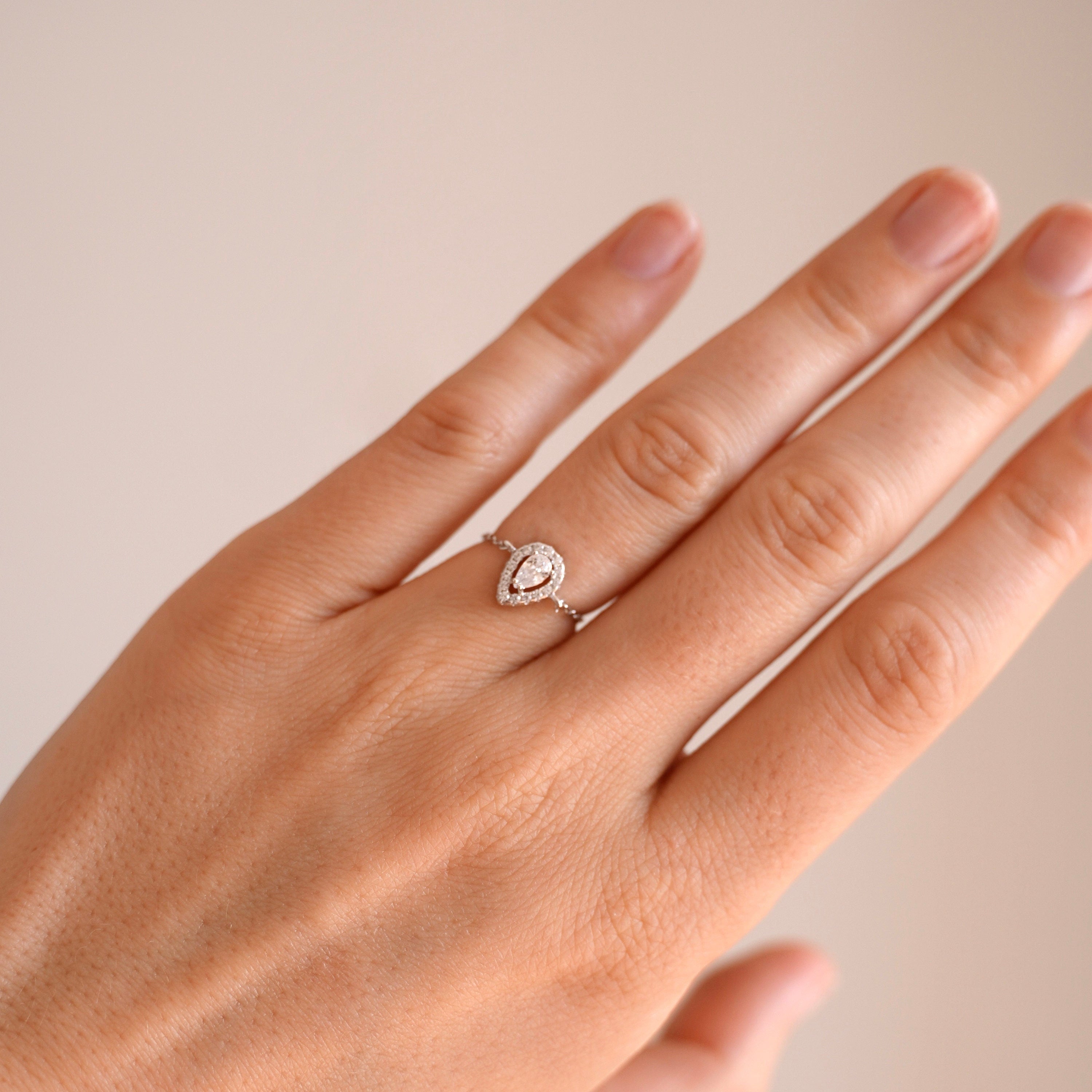 Bague femme Argent 925 brillant zirconium goutte / Bague réglable / Bague chaine brillant poire
