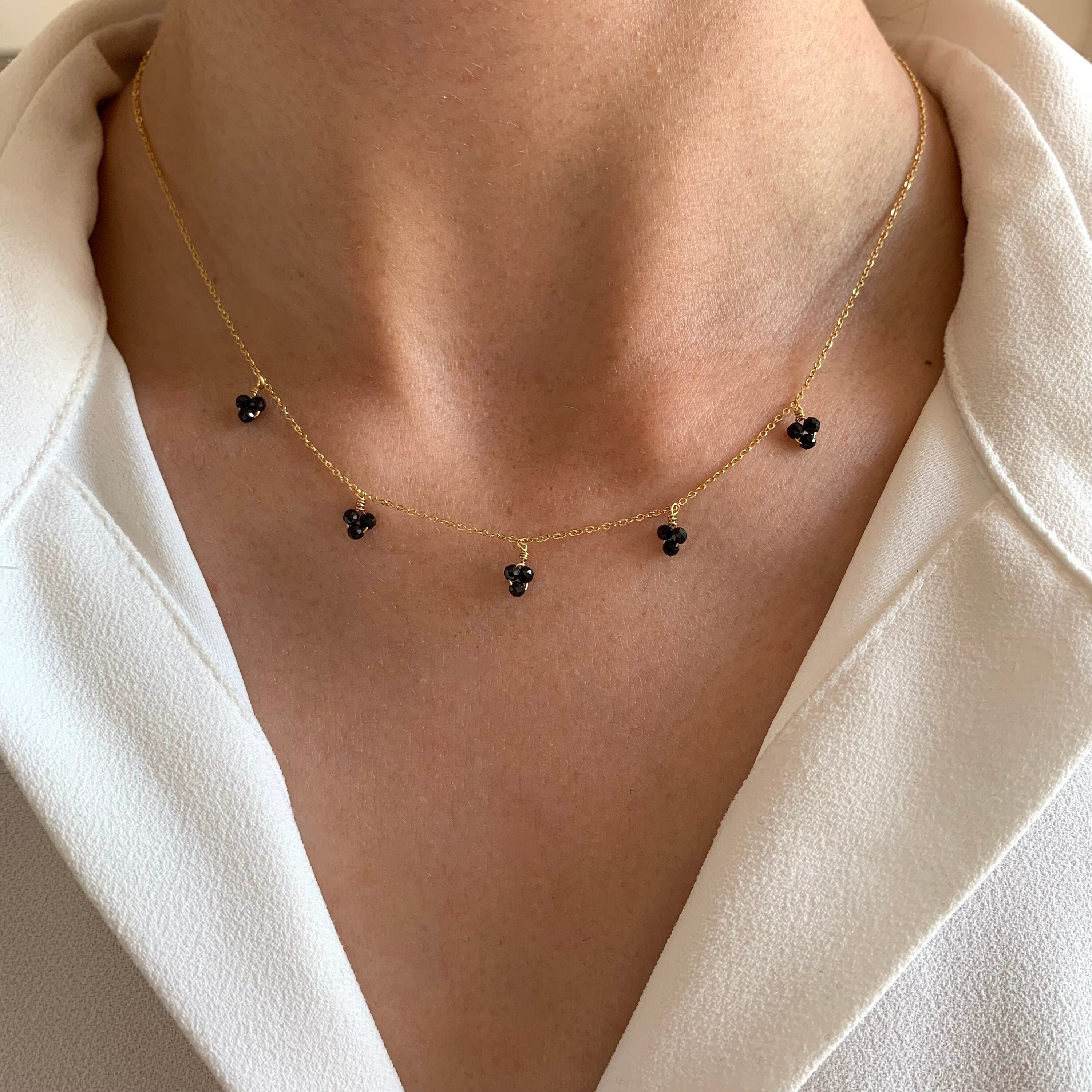 Collier femme pendentif perles noires / Collier acier inoxydable pierre naturelle onyx