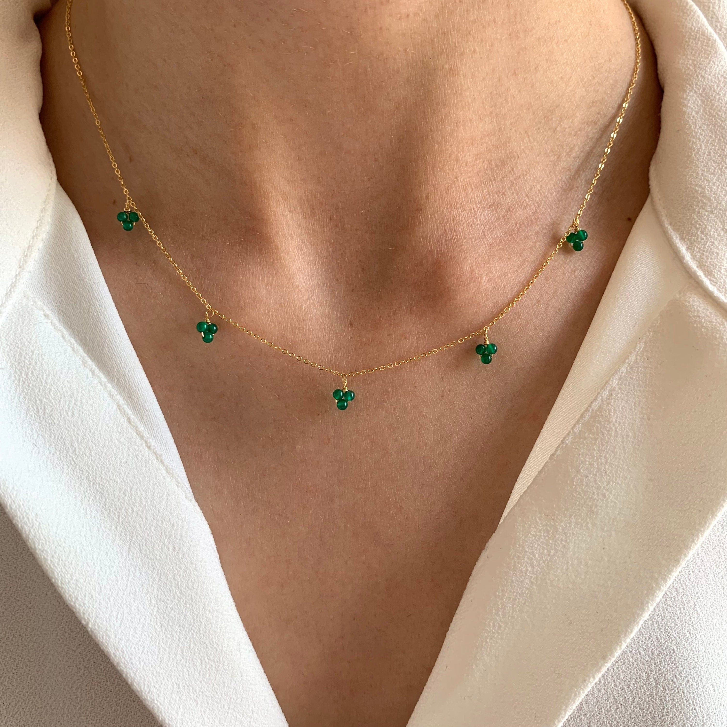 Collier femme pendentif perles vertes / Collier acier inoxydable pierre naturelle agate verte