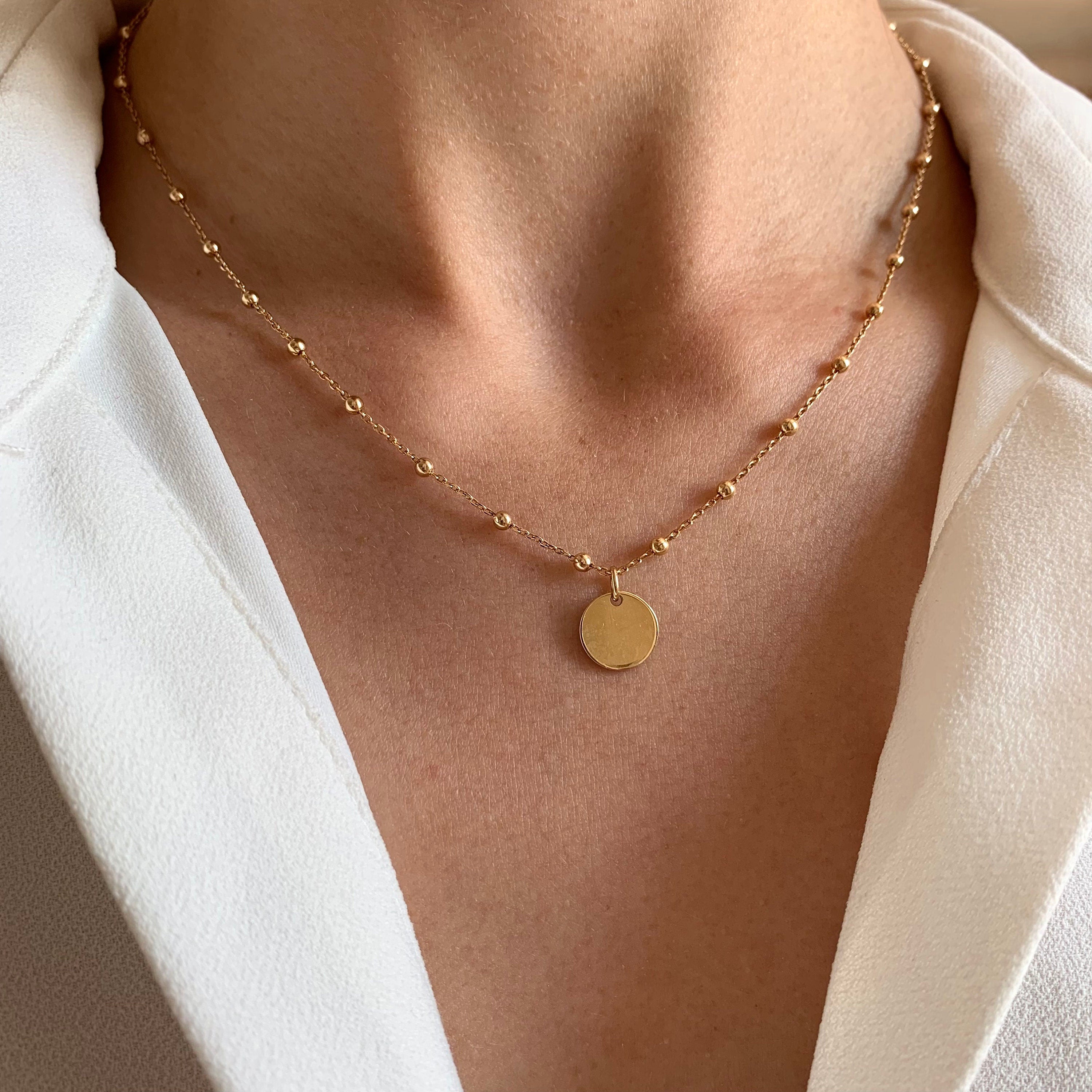 Collier plaqué or pendentif rond médaille chaine boule / Collier femme fin chaine billes minimaliste / Cadeau femme