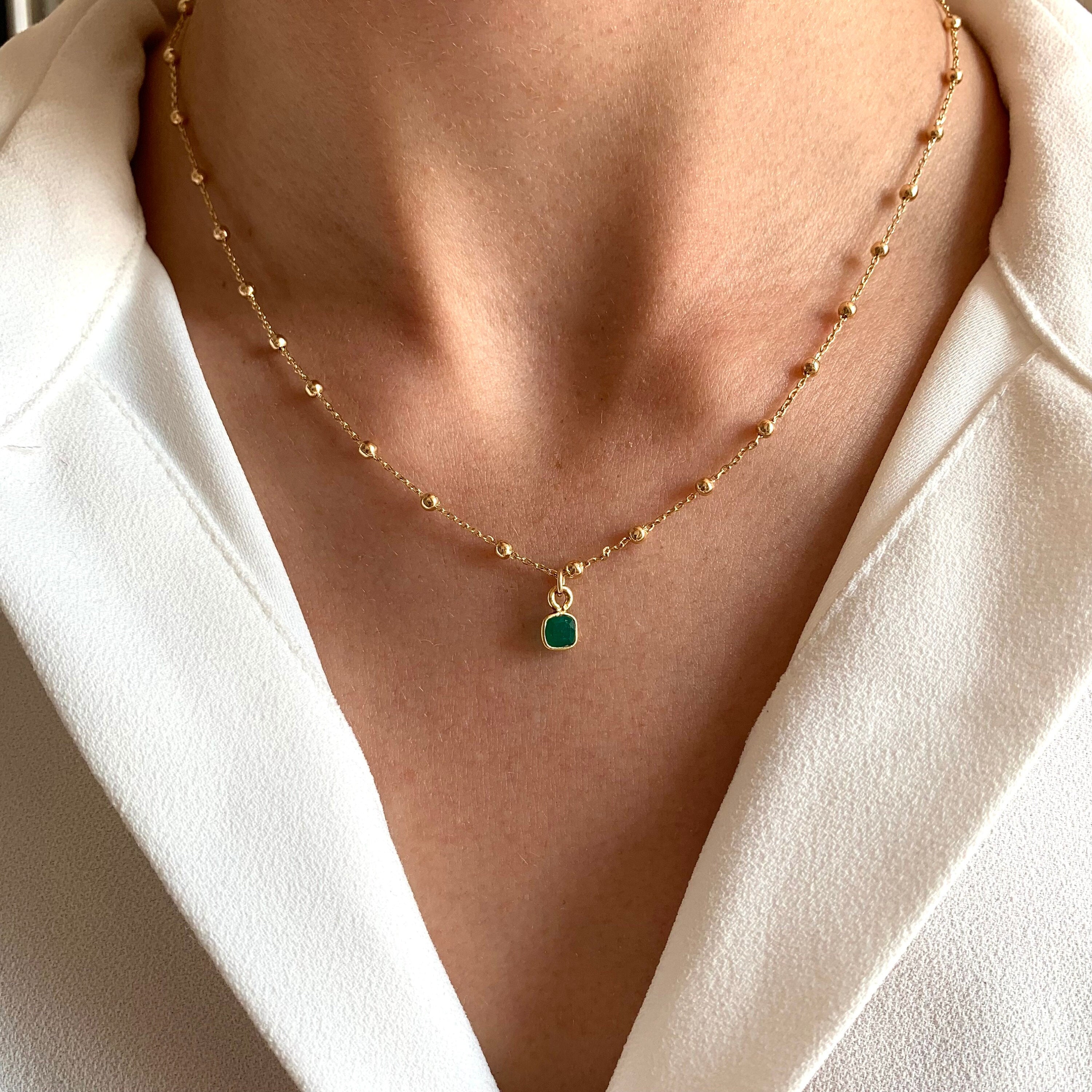 Collier Plaqué or 18k pendentif carré pierre naturelle Agate verte / Collier fin femme chaine à billes