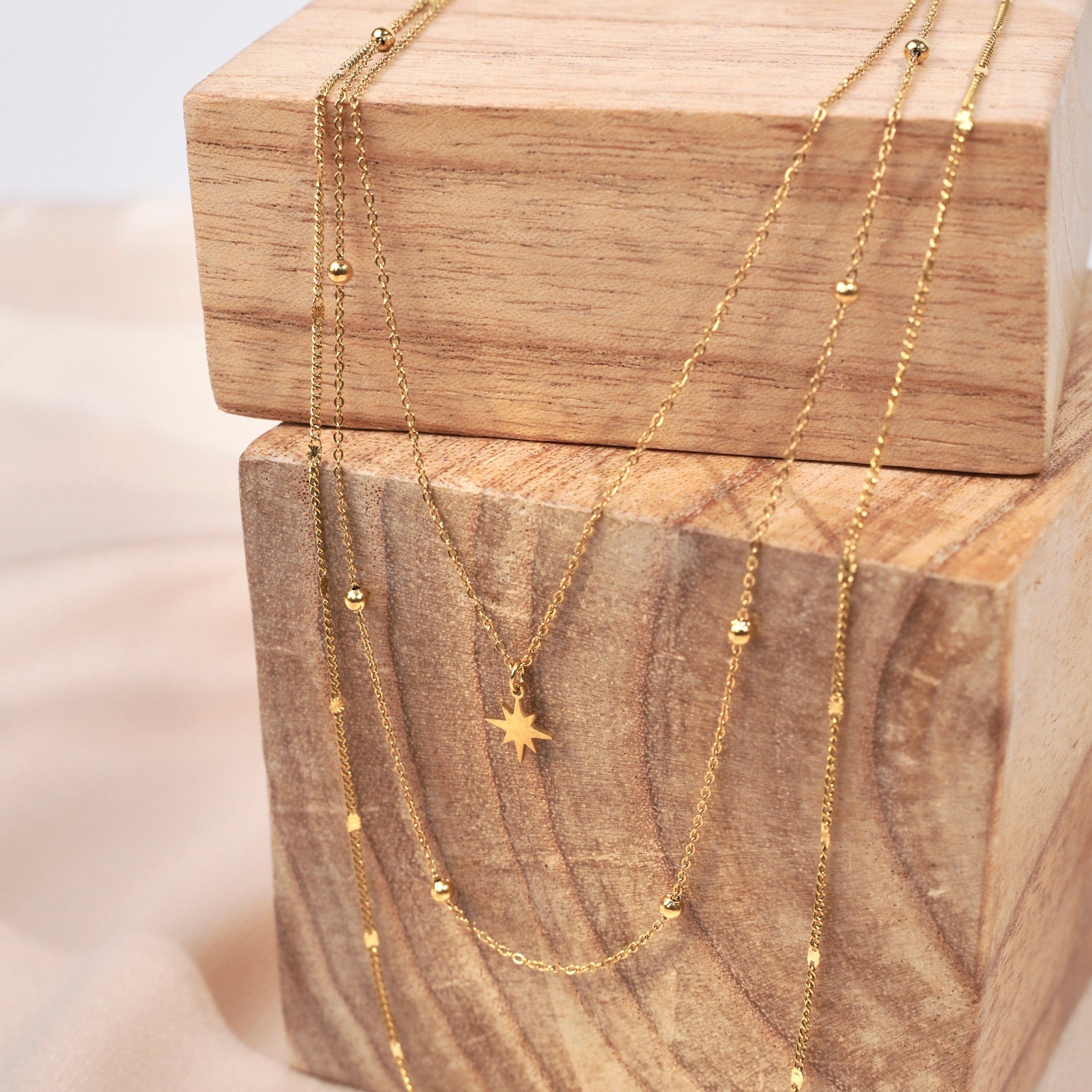 Collier fin triple rang chaines pendentif étoile / Collier femme acier inoxydable minimaliste chaine