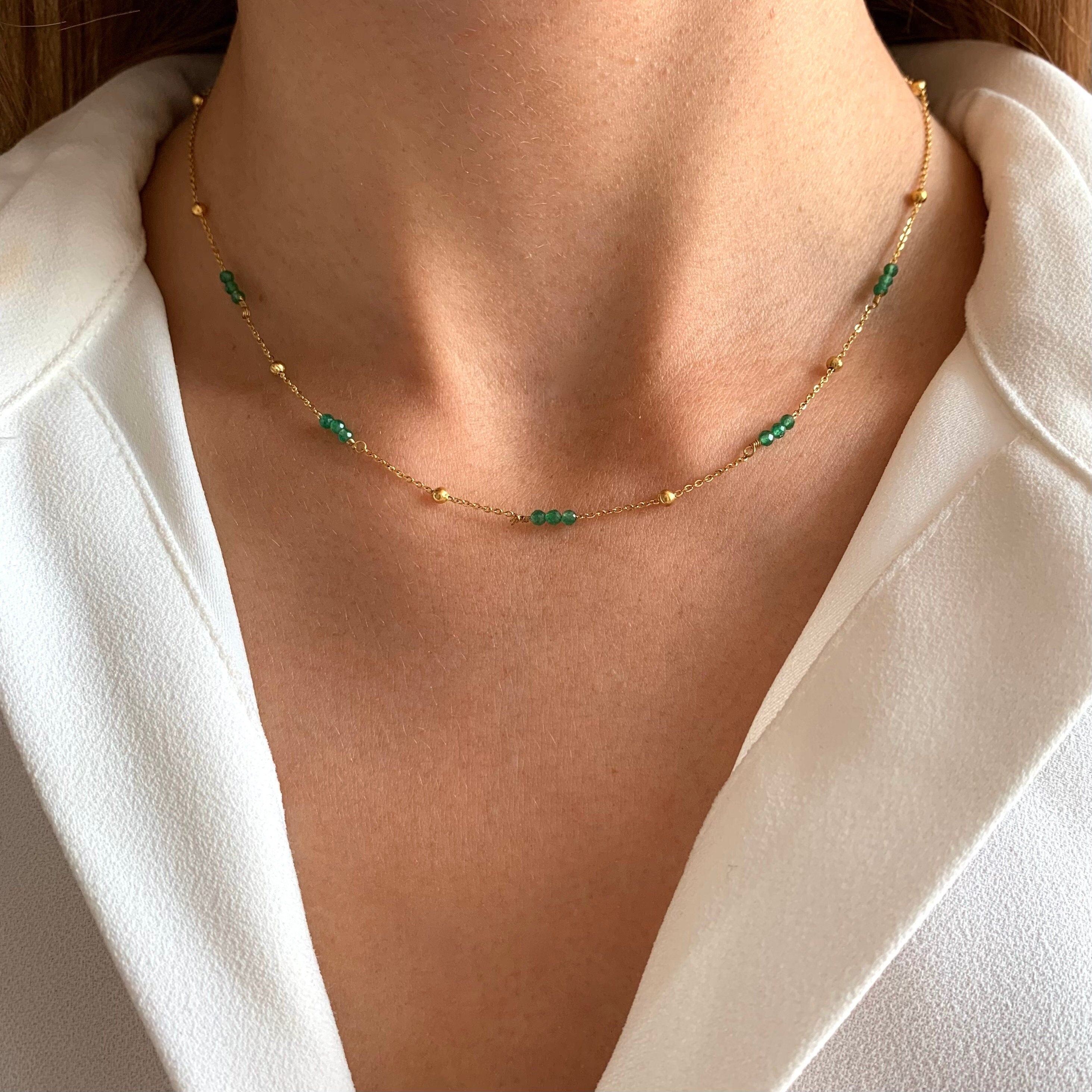 Collier pierre naturelle Agate verte / Collier femme chaine perles vertes acier inoxydable