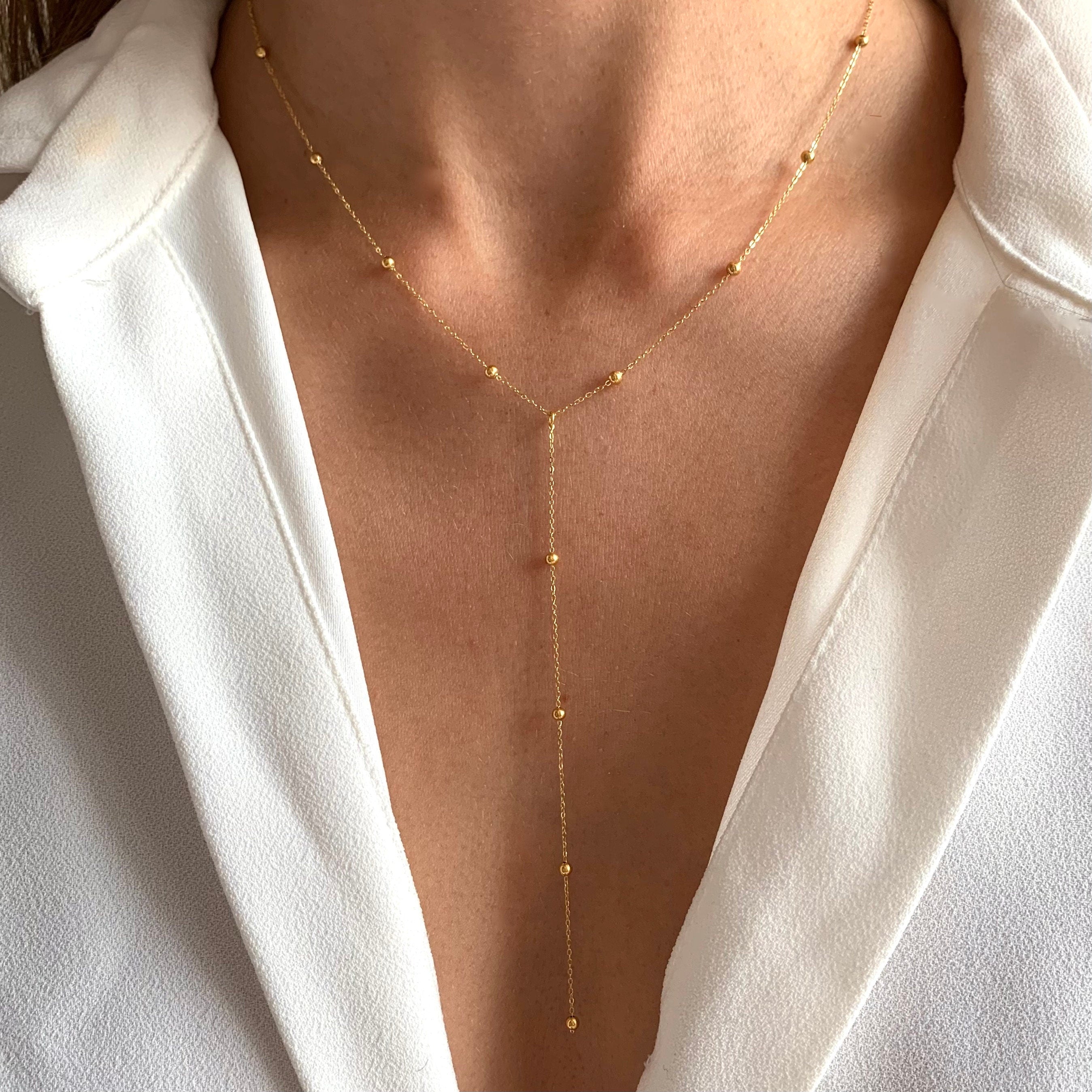 Collier femme long en acier inoxydable / Collier en Y lasso chaine à billes