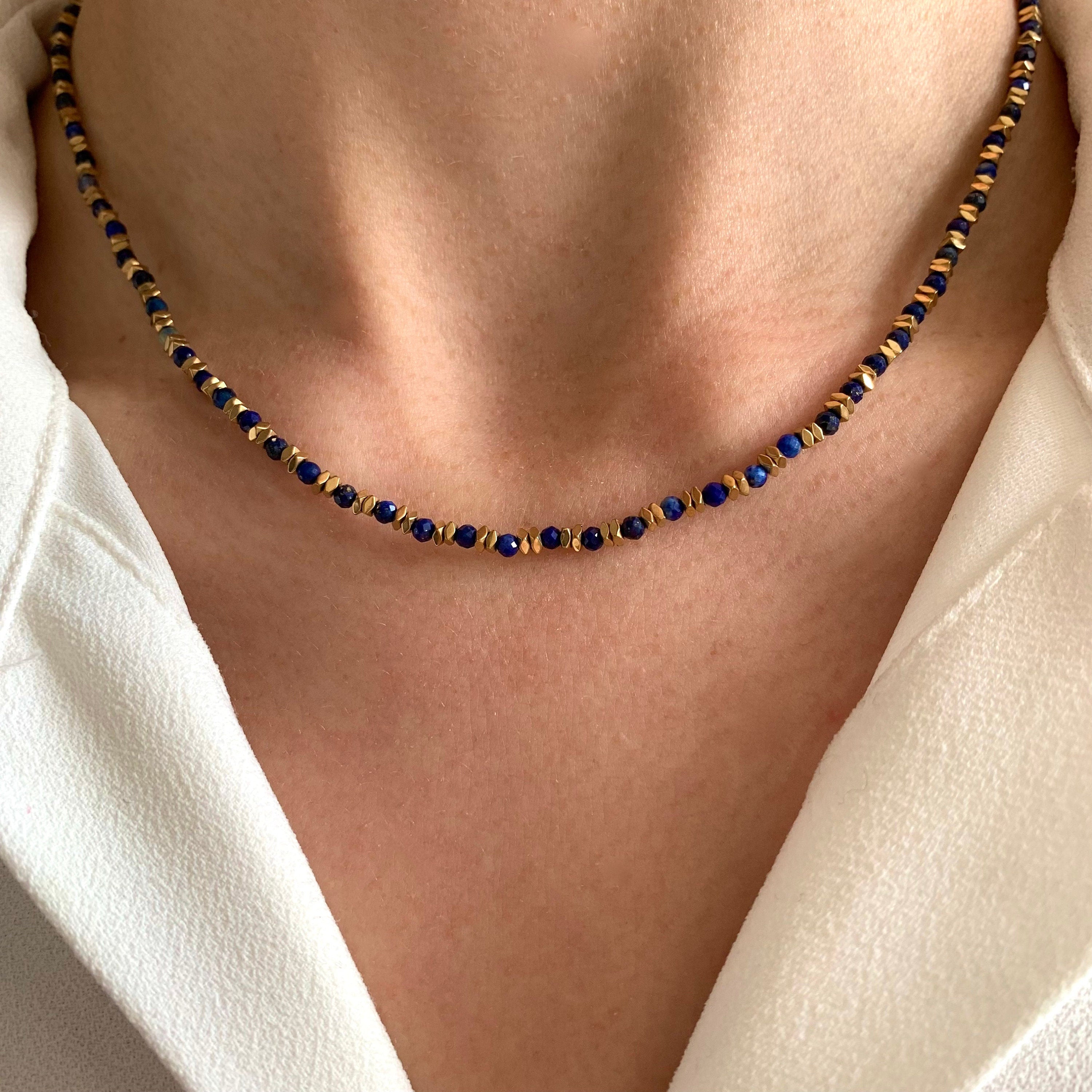 Collier pierre naturelle Lapis Lazuli / Collier femme perles bleu foncé