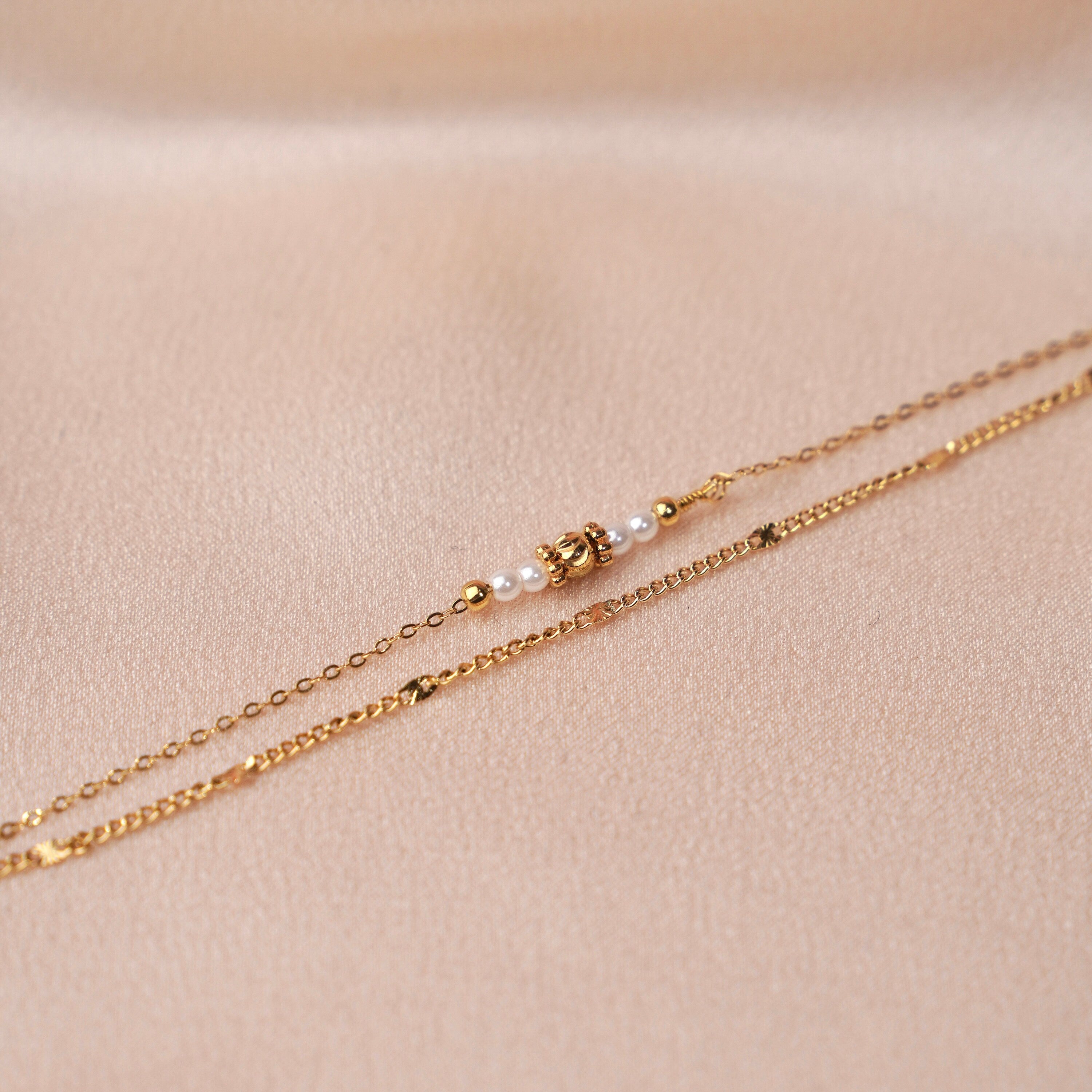 Bracelet double perles bleues / Bracelet fin acier inoxydable