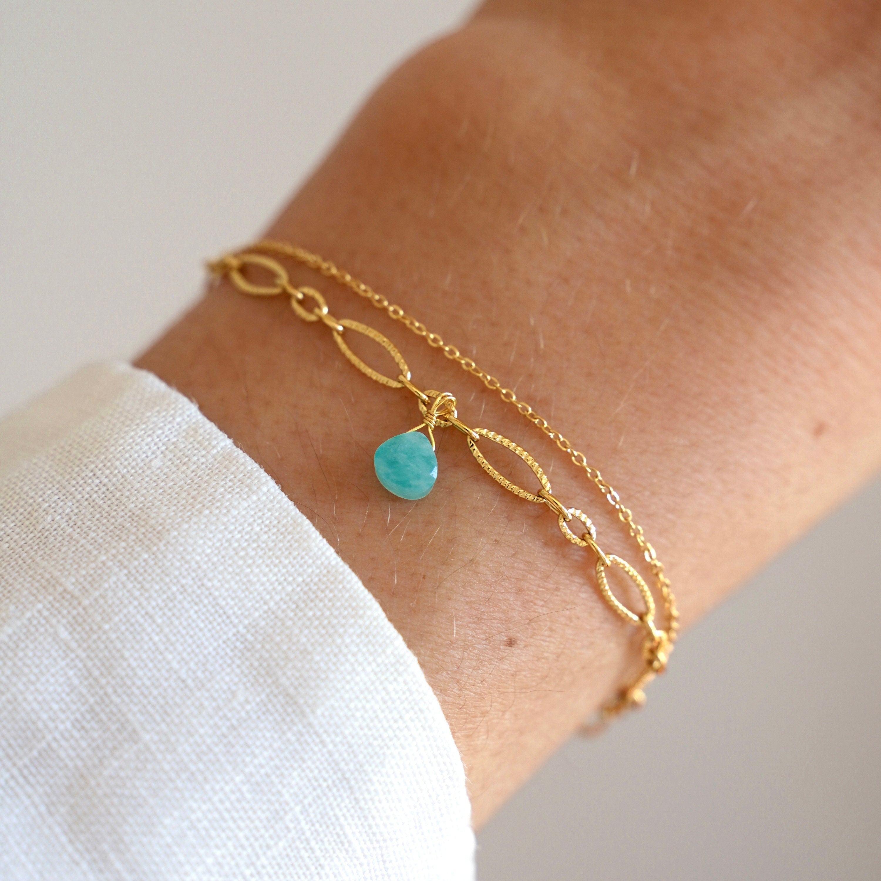 Bracelet double Amazonite / Bracelet fin en acier inoxydable et pierre naturelle turquoise