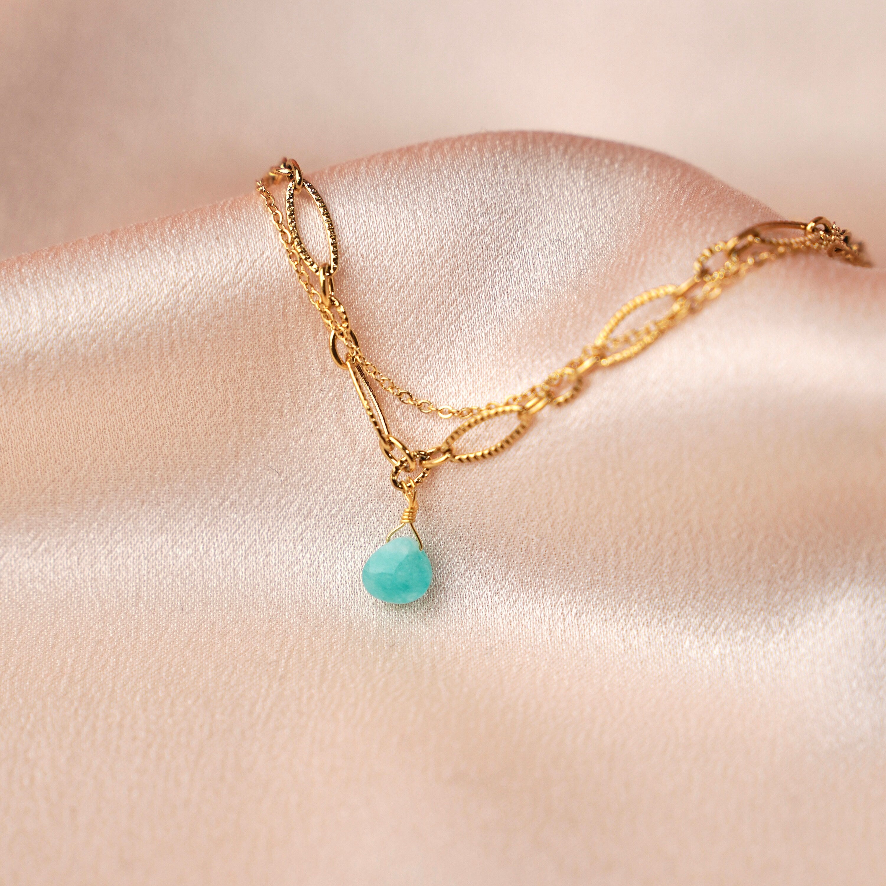 Bracelet double Amazonite / Bracelet fin en acier inoxydable et pierre naturelle turquoise