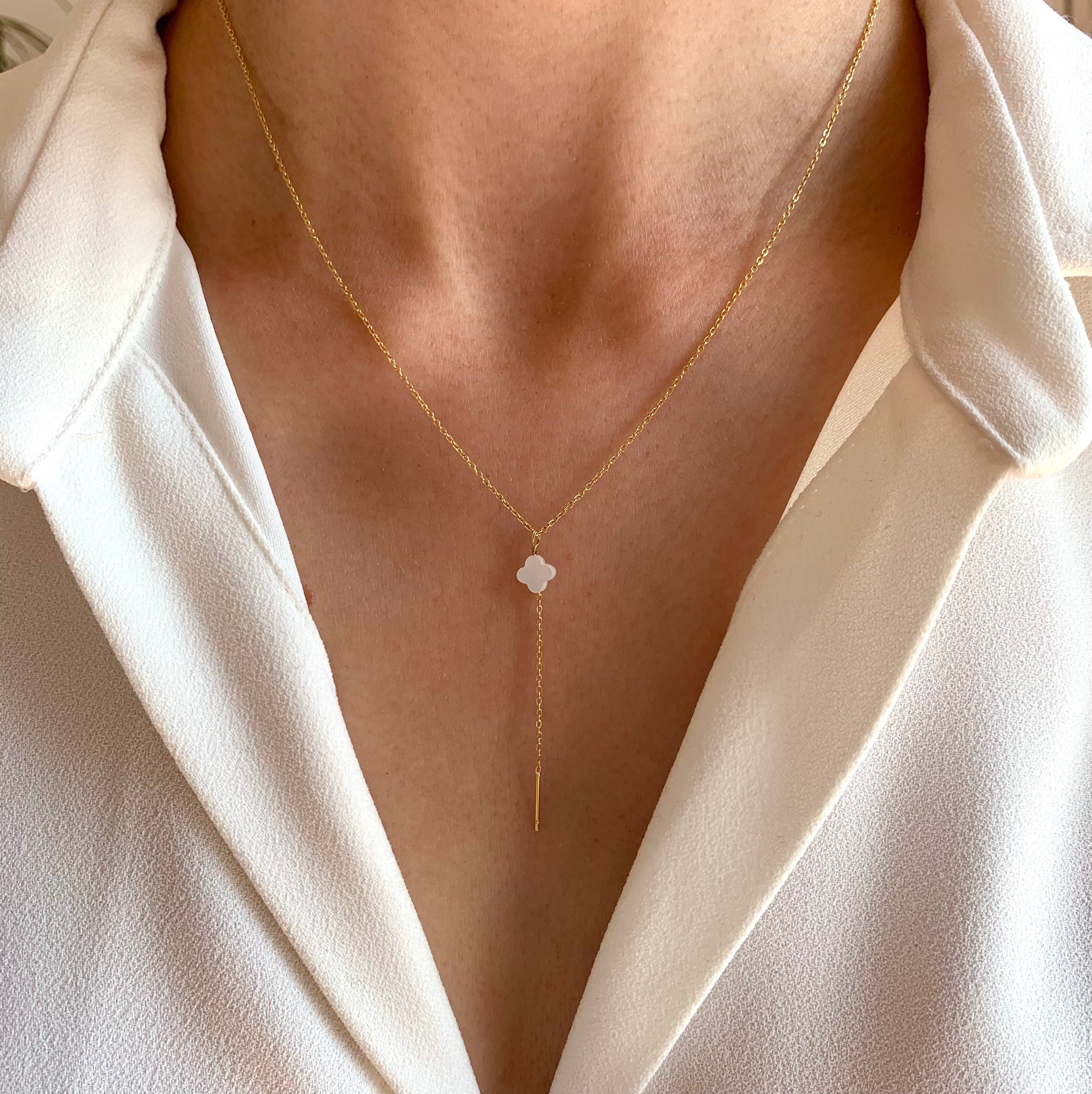 Collier femme long en acier inoxydable et nacre blanche / Collier en Y lasso