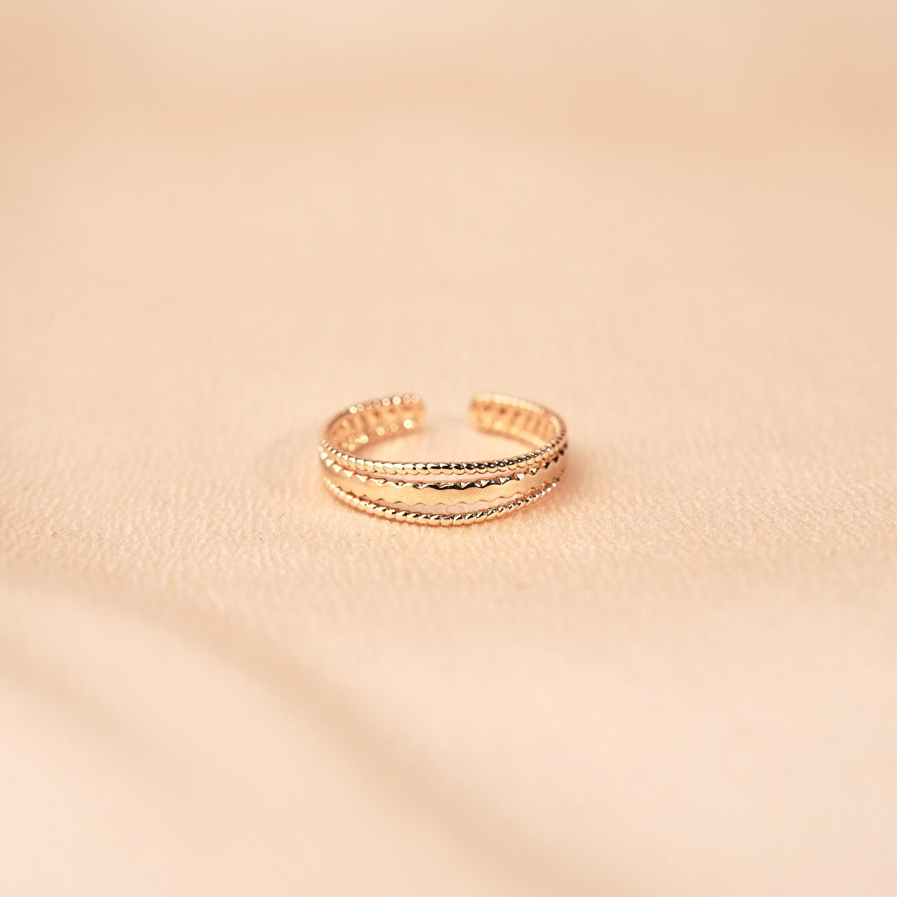 Bague femme plaqué or triple rangs / Bague fine réglable trois anneaux