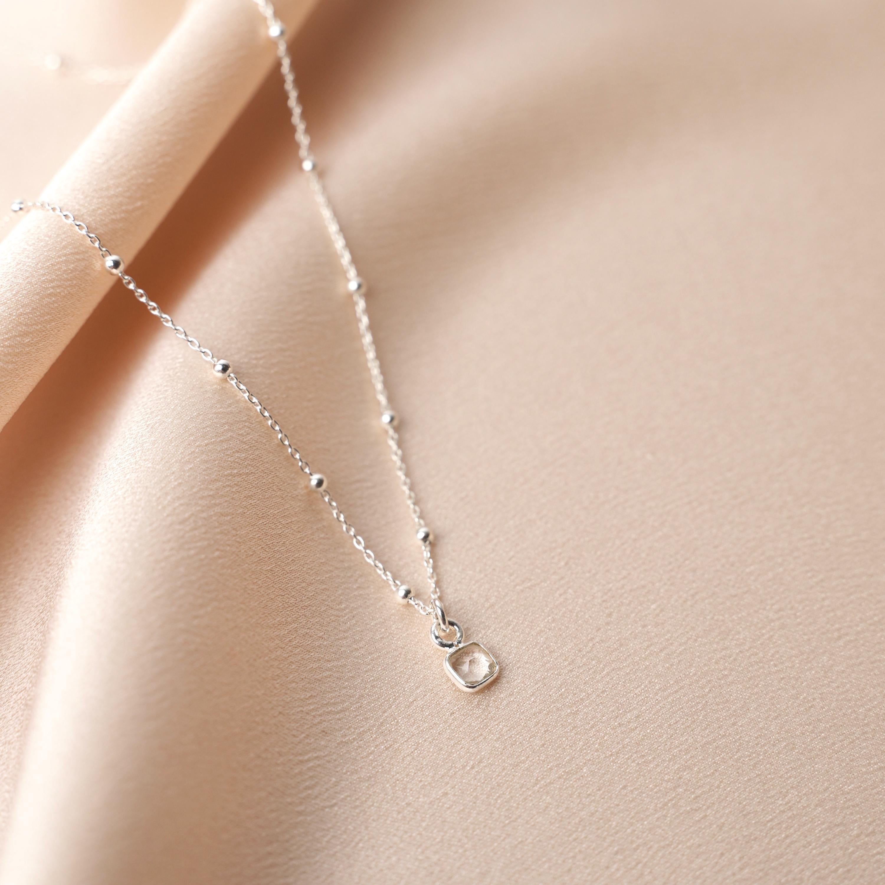 Collier Argent 925 pendentif carré pierre transparente / Collier fin femme chaine à billes