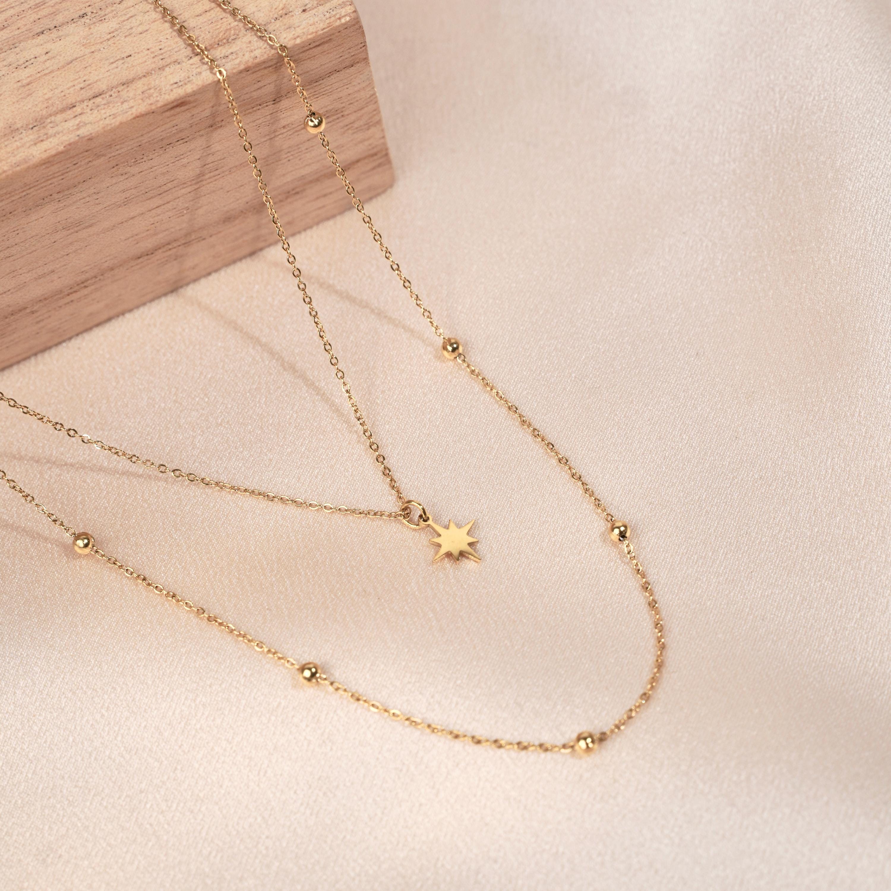Collier acier inoxydable pendentif étoile chaine boule / Collier femme fin chaine double